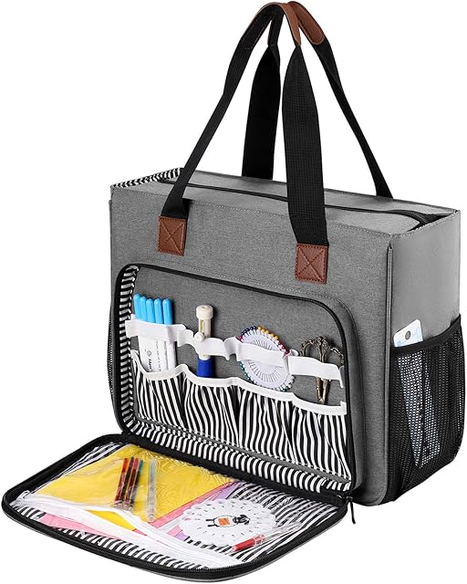 Coopay Cross Stitch Bag Storage, Embroidery Project Bag, Craft Bags with Compartments, Large Bag for Store Embroidery Floss Organiser, Punch Needle Kit and Embroidery Hoops, Moistureproof, Grey