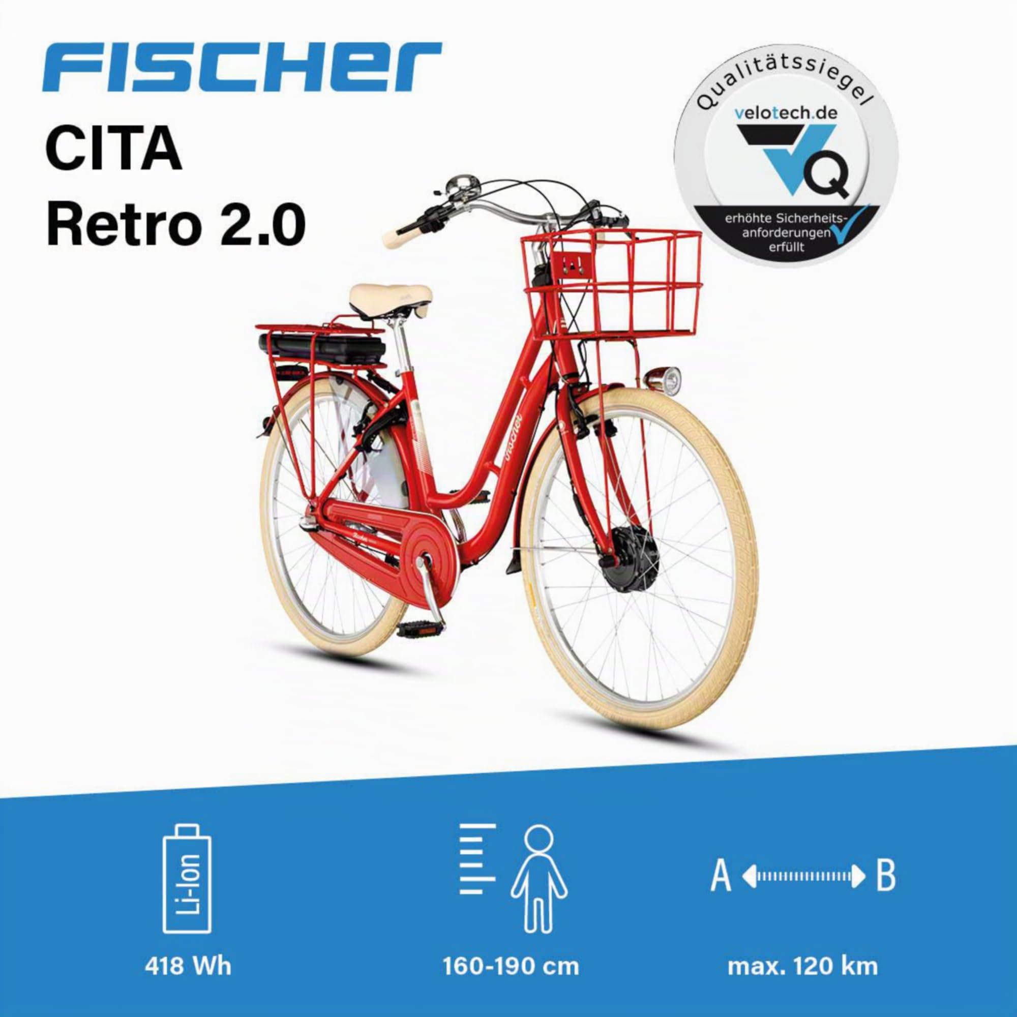 FISCHER E-Bike City CITA RETRO 2.0, Elektrofahrrad für Damen und Herren, RH 48 cm, Frontmotor 32 Nm, 36 V Akku Sport & Freizeit