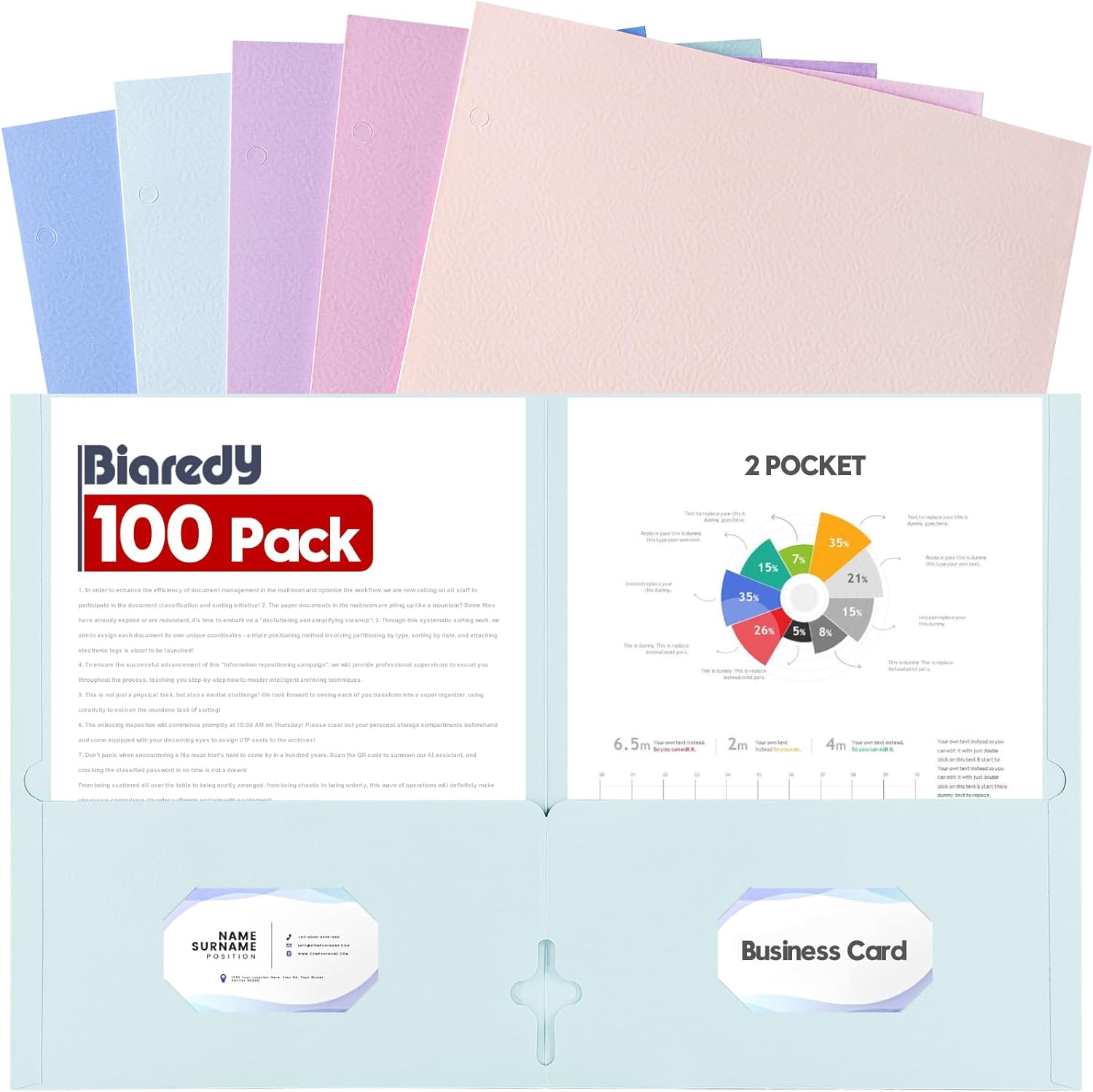 2 Pocket Folders, 100 Pack Bulk Letter Size 8.5" x 11" Durable Paper File Folders with Business Card Slot for Office, School, Home and Business Use, Assorted 5 Colored