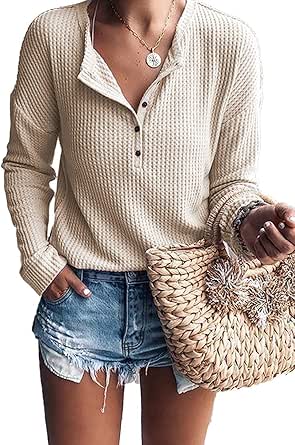 MOLERANI Womens Waffle Knit Tunic Tops Loose Long Sleeve Button Up V Neck Henley Shirts