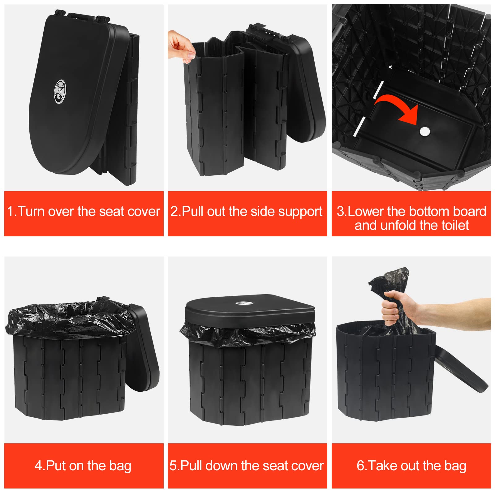 Fousenuk WC Portatile Nero, WC da Campeggio Pieghevole con Coperchio | con 2 Rotoli di Sacchetti per Spazzatura, Toilette Portatile Portante da 150 kg per Escursioni, Campeggio, Viaggi Congestione