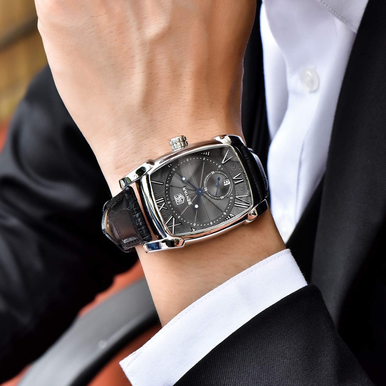 BENYAR Rectangle Wrist Watch for Men with Leather Strap, Men's Retro Fashion Casual Classic Watches Perfect Gifts for Friend