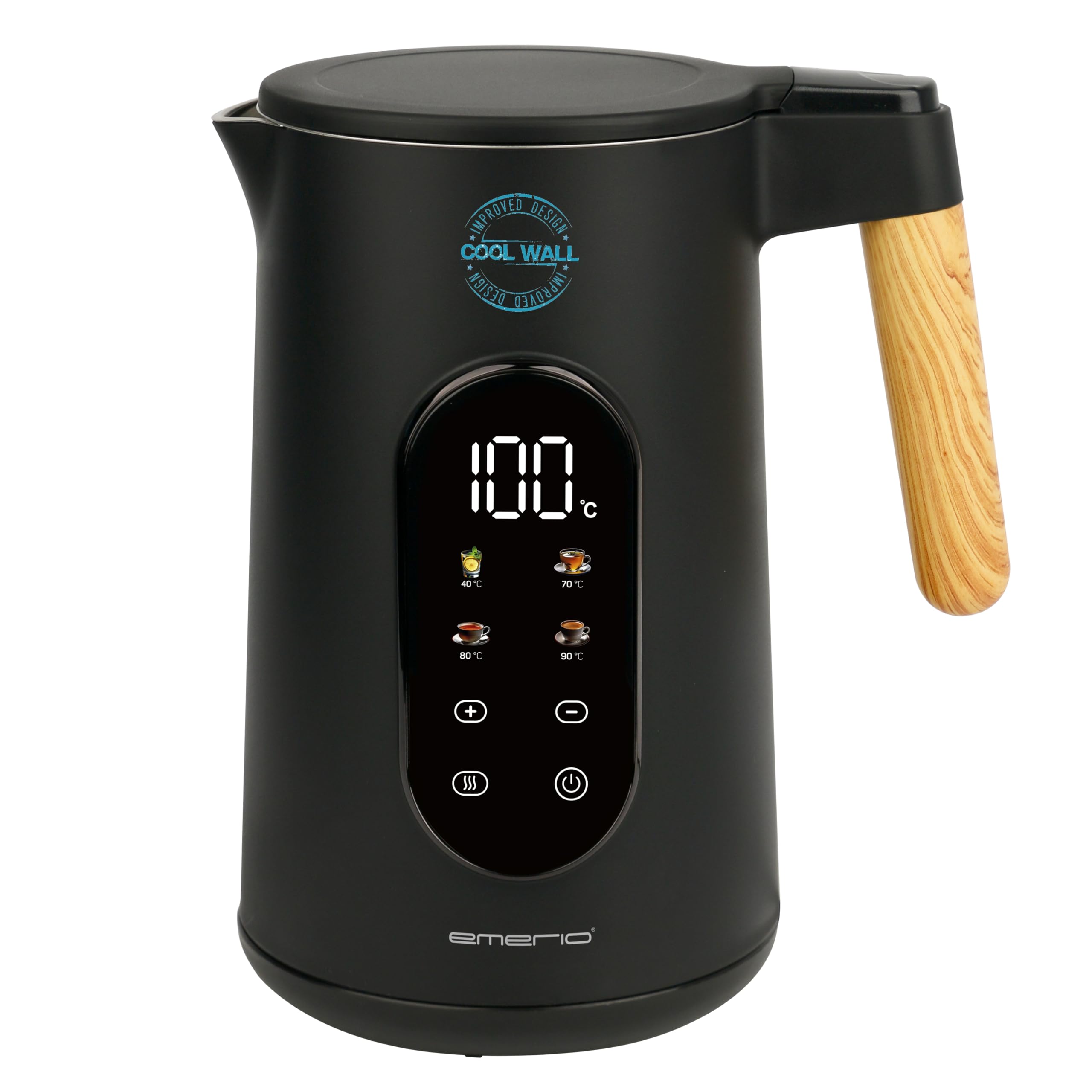 EMERIO Bollitore in acciaio inox, 1,7 l, doppia parete isolata, scelta della temperatura 40 – 100 °C in incrementi di 5 °C, display con varietà di tè preprogrammate, senza BPA, 2200 W, spegnimento