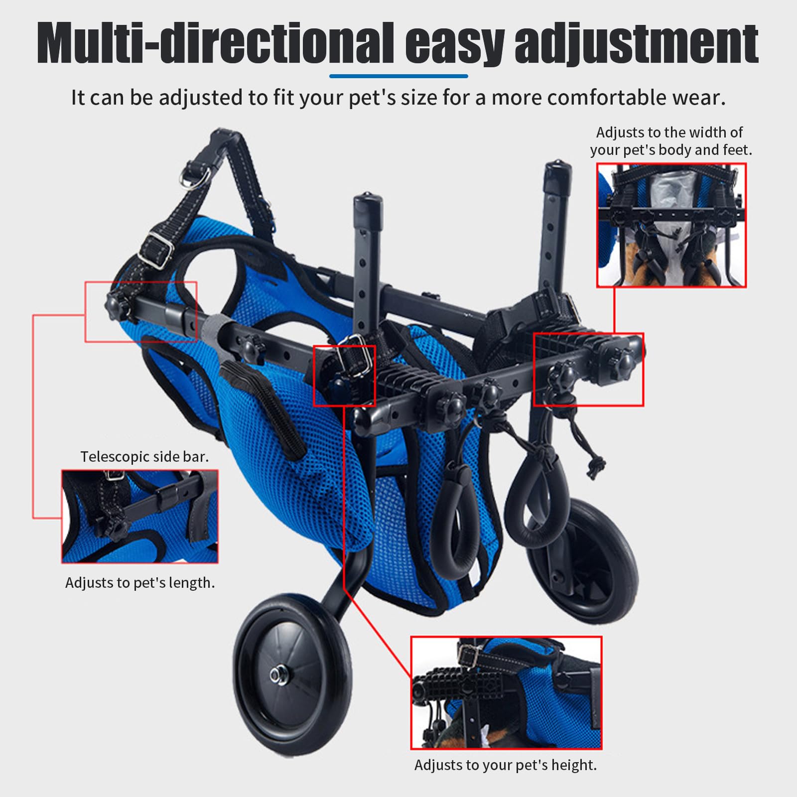 Silla de ruedas para patas traseras, ayuda a la curación, silla de ruedas ajustable de 2 ruedas para pequeños heridos, discapacitados, paralíticos o débiles en las patas traseras (azul, S)