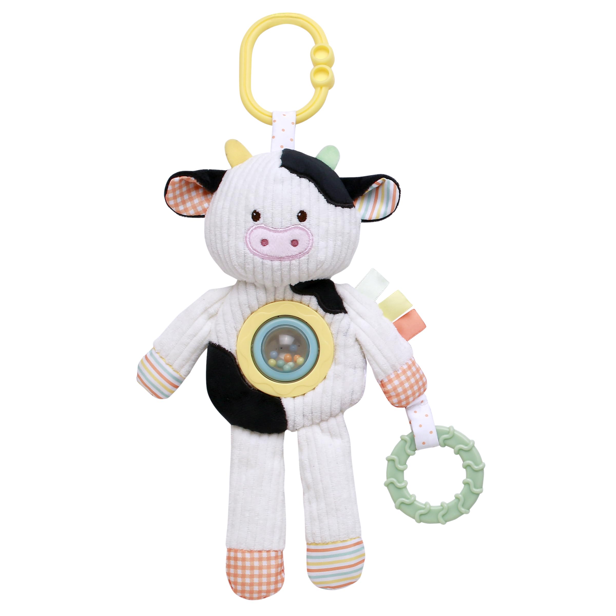 Plush 10 inch Plush Activity Toy with Teethers, Crinkle, Spinner and Travel Hook, Farm Black and White Cow