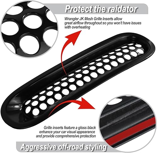 Miniatura 3 de Paquete de 7 insertos de parrilla aptos para Jeep Wrangler JK, protector de rejilla frontal negro compatible con Jeep Wrangler de 2 puertas y 4