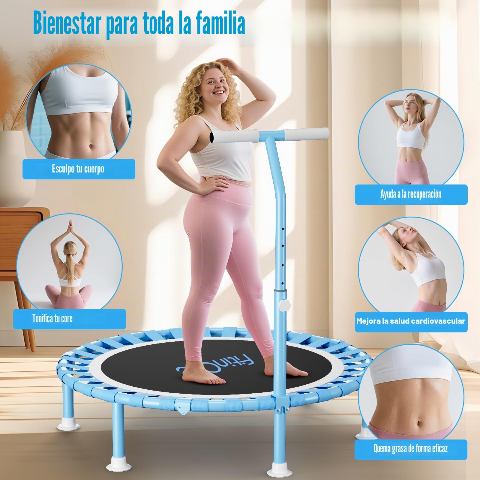 FitinOne Mini cama elástica plegable de 200 kg de diámetro de 102 cm con bandas elásticas, mango de espuma ajustable en 5 direcciones, trampolín de interior para niños y adultos