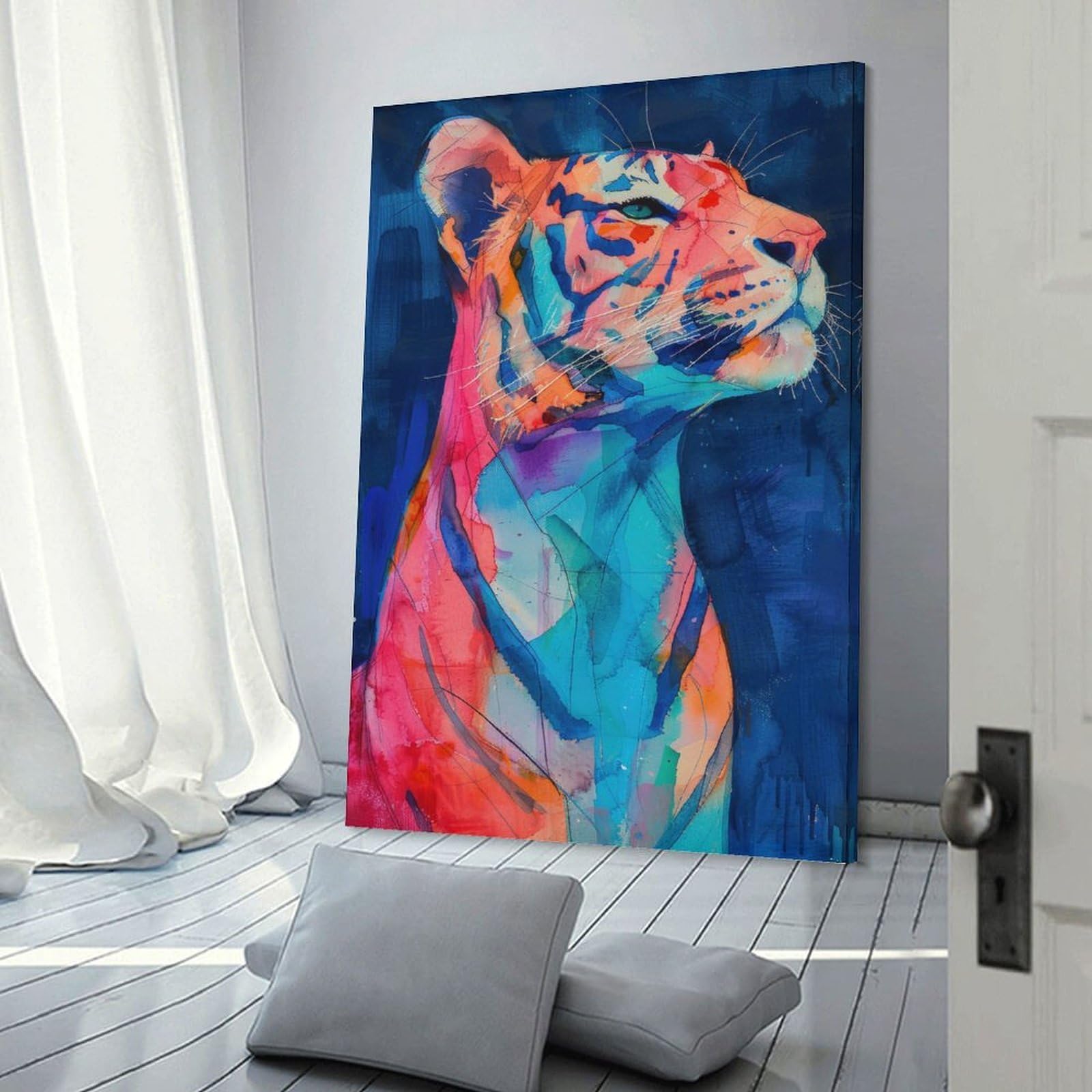 Junmoney Frame-Style-19-1 Colorful Tiger Portrait Painting Canvas Wall Picture, 08X12inch(20X30cm), For Flats, Guest Rooms Or Compact Rooms, An Easy Choice For New Home Styling