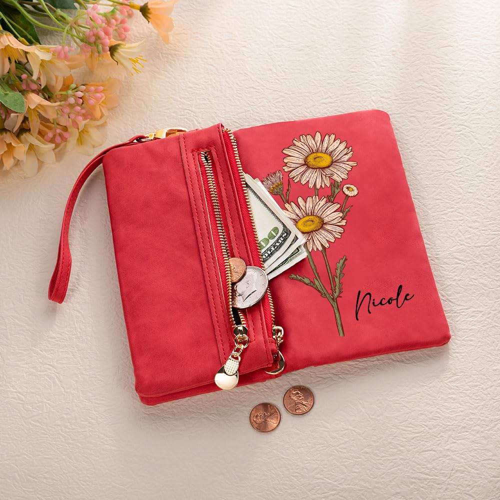 Monedero de cuero personalizado para mujer, con nombre personalizado, flor natal en acuarela, triple compartimento, correa para la muñeca, bolsillo largo para el móvil, ideal para mamá,esposa o abuela