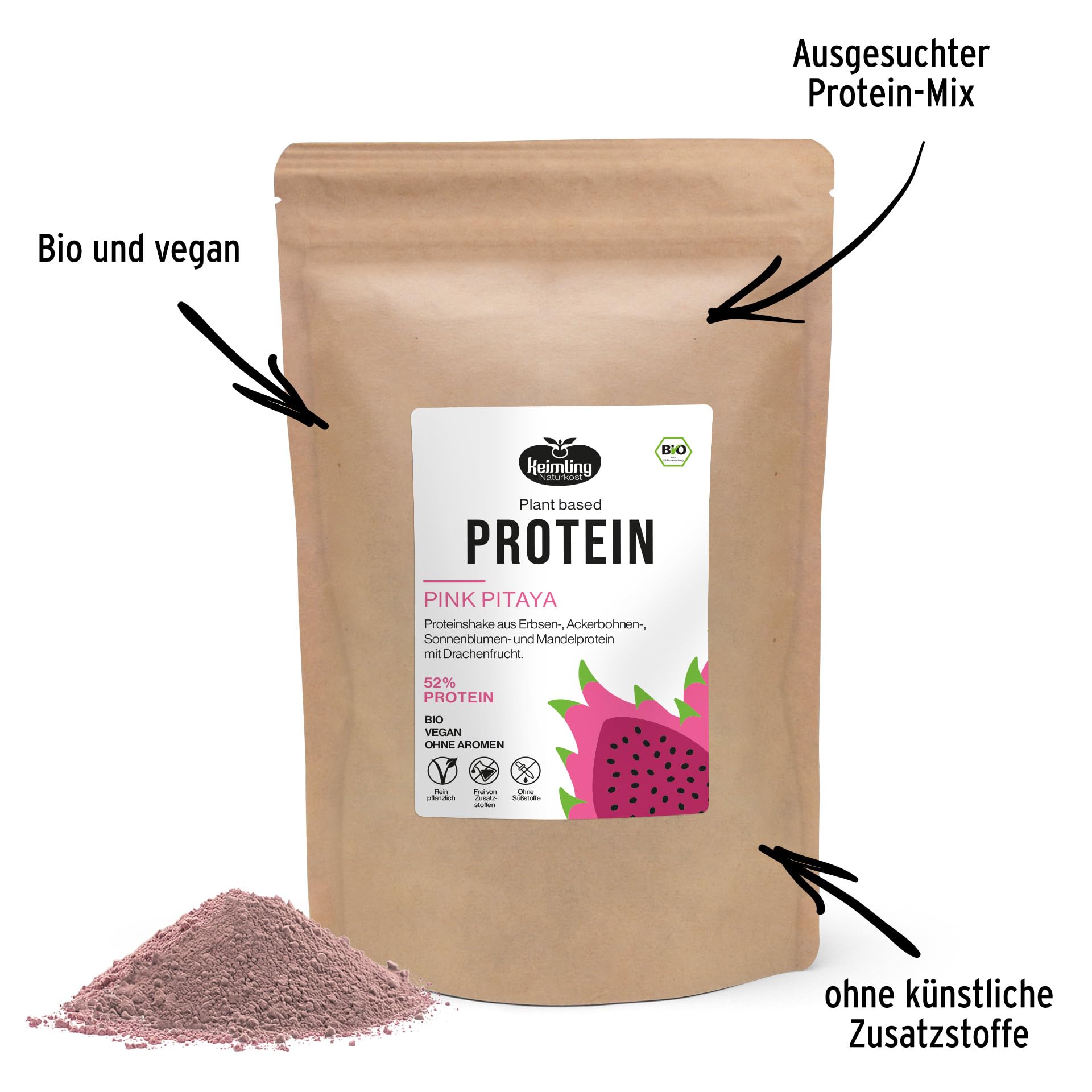 Keimling Bio Vegan Proteinshake Mix Bundle 2000 g – 4 vegane Proteinpulver Natural, Blueberry, Pink Pitaya & Pure Choc – pflanzliches Eiweiß in Bio-Qualität inkl. Glasshaker