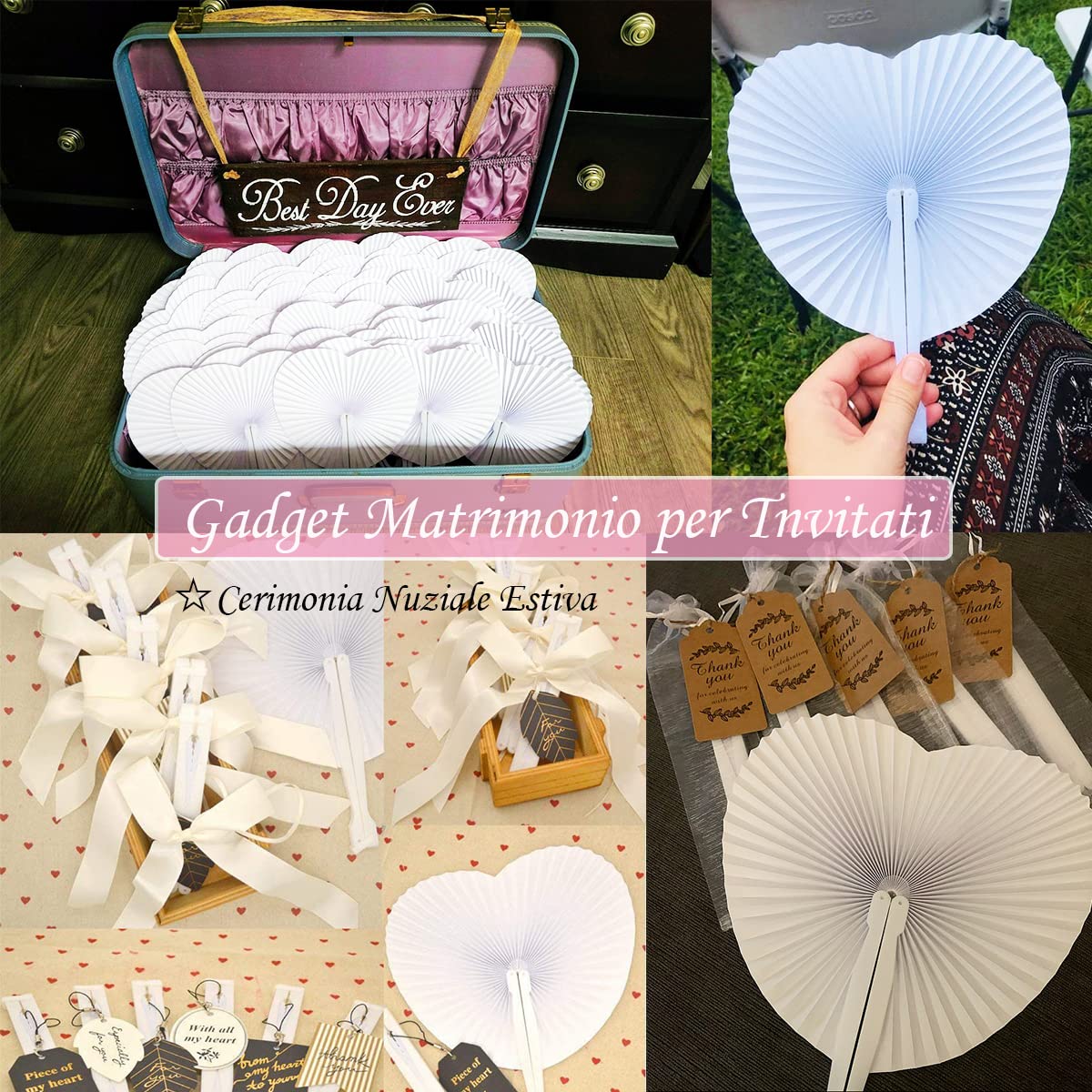 Gudotra - Lot de 60 éventails de mariage, en papier, blancs, en forme de cœur pour wedding bag et décoration de mariage