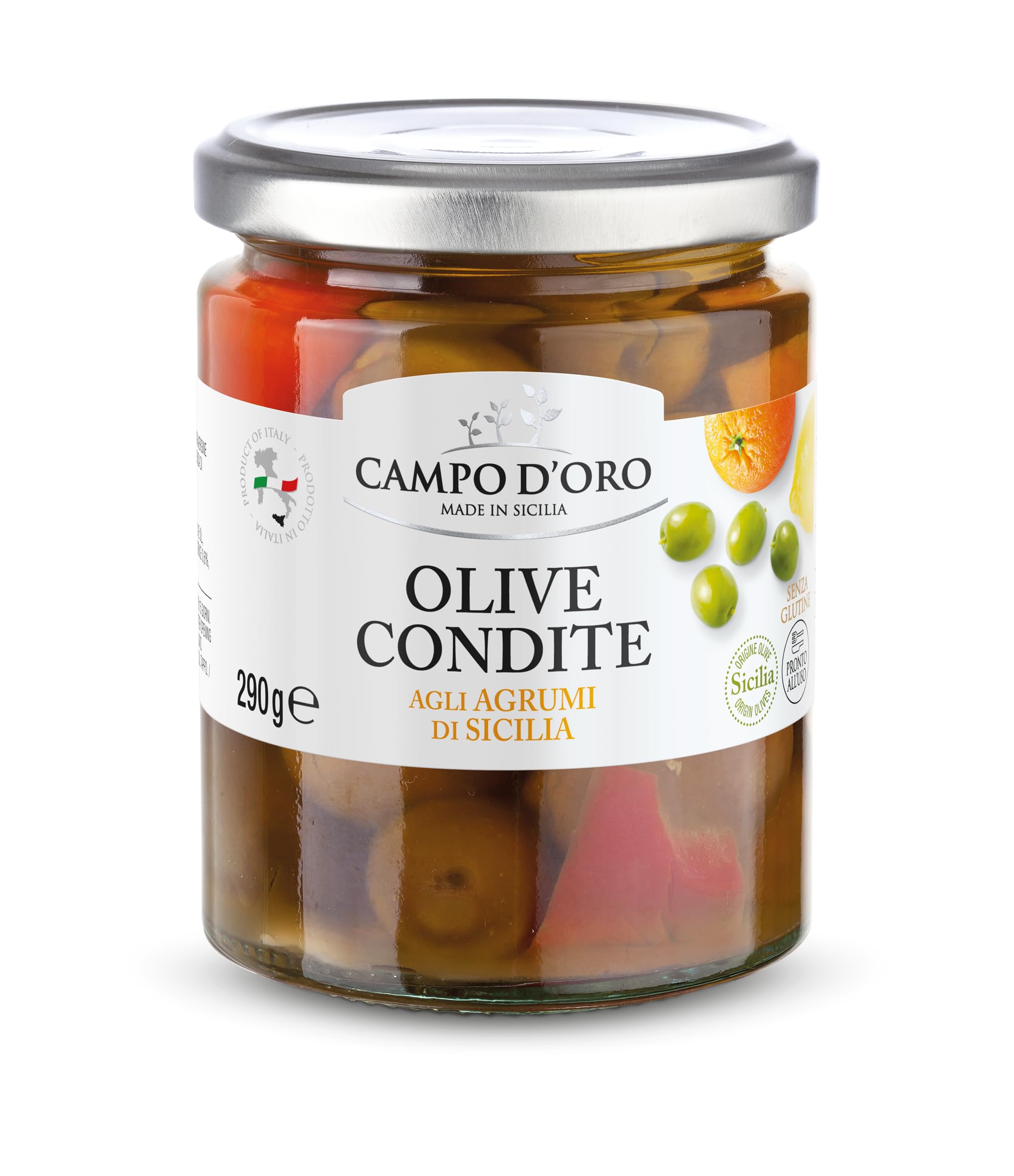 CAMPO D'ORO OLIVES VERTES ARÔMATISÉES AUX AGRUMES DE SICILE 290 gr Olives sicilienne sous huile aux agrumes de sicile d'orange et de citron. 100% made in Italy