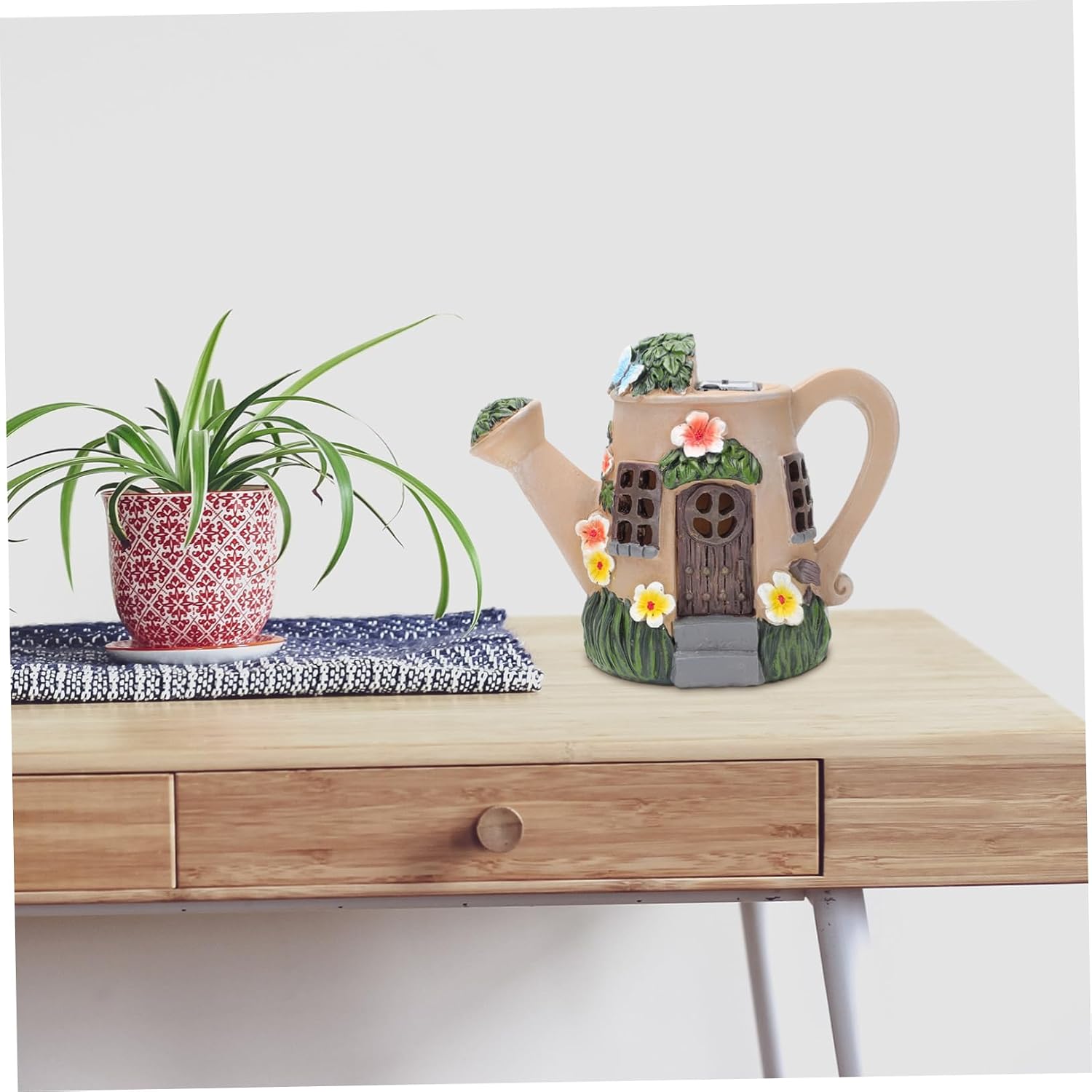 Hemoton Xmas Solar Watering Can Adornment Resin Yard Decor Brown