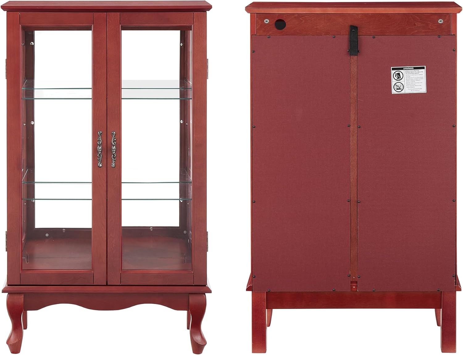 43"H Lighted Display Curio Cabinet, 3-Tier Glass Accent Storage Cabinet Curio Showcase w/ 2 Doors & Adjustable Shelves, Wine Artwork Storage Rack w/ Mirrored Back Panel for Living Room (Cherry)