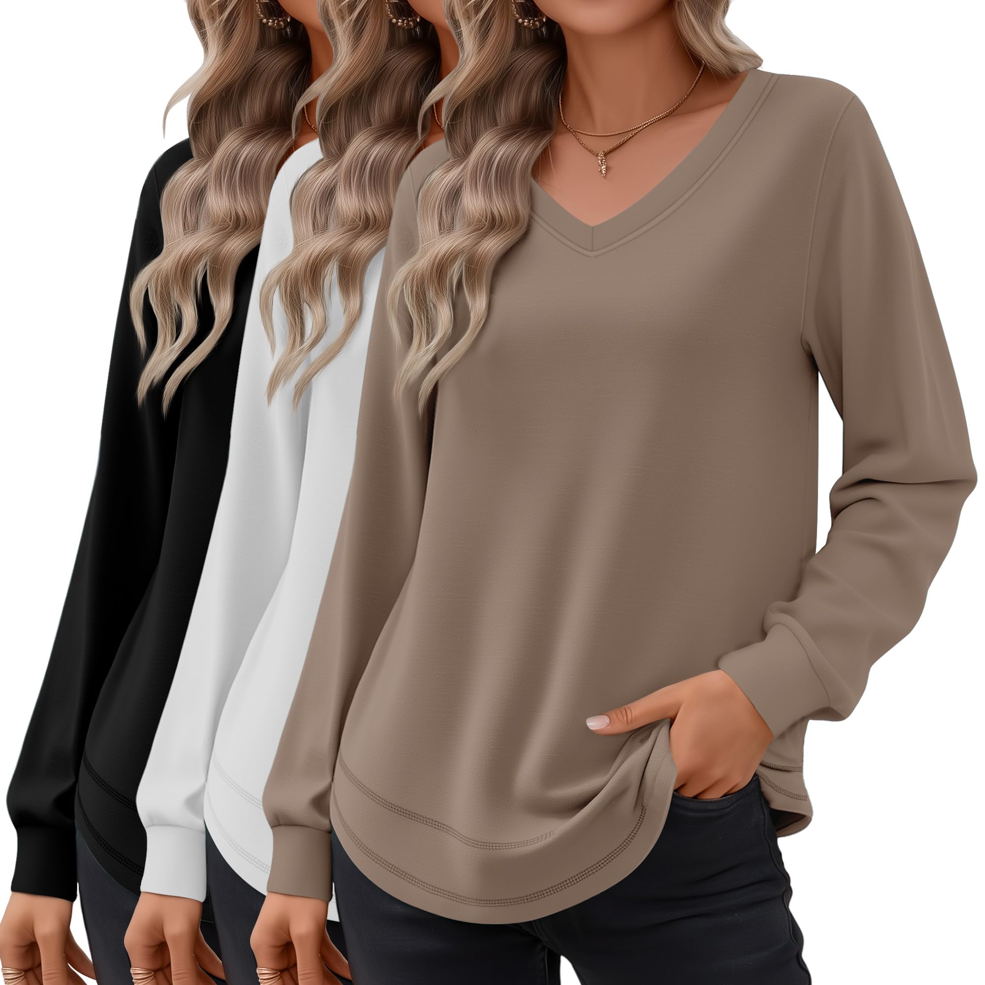 Riyiper 3 Pack Women's Long Sleeve Sweatshirts, Cotton V Neck Tops Loose Fit Curved Hem Tunic Tops Basic Casual Fall Shirts