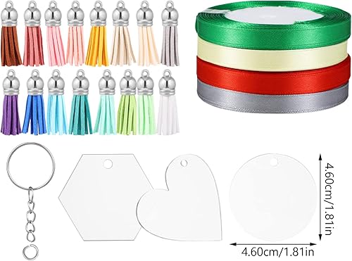 Miniatura 3 de Juego de 36 llaveros acrílicos en blanco, 3 formas de llavero de acrílico transparente en blanco, abalorios de borla de cuero, llaveros de anillos