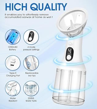 耳掃除器、耳垢除去キット、4段階の圧力モード搭載｜LEDディスプレイ｜USB充電式｜水タンク、電動洗浄システムで自宅で安全に耳掃除Color:Black