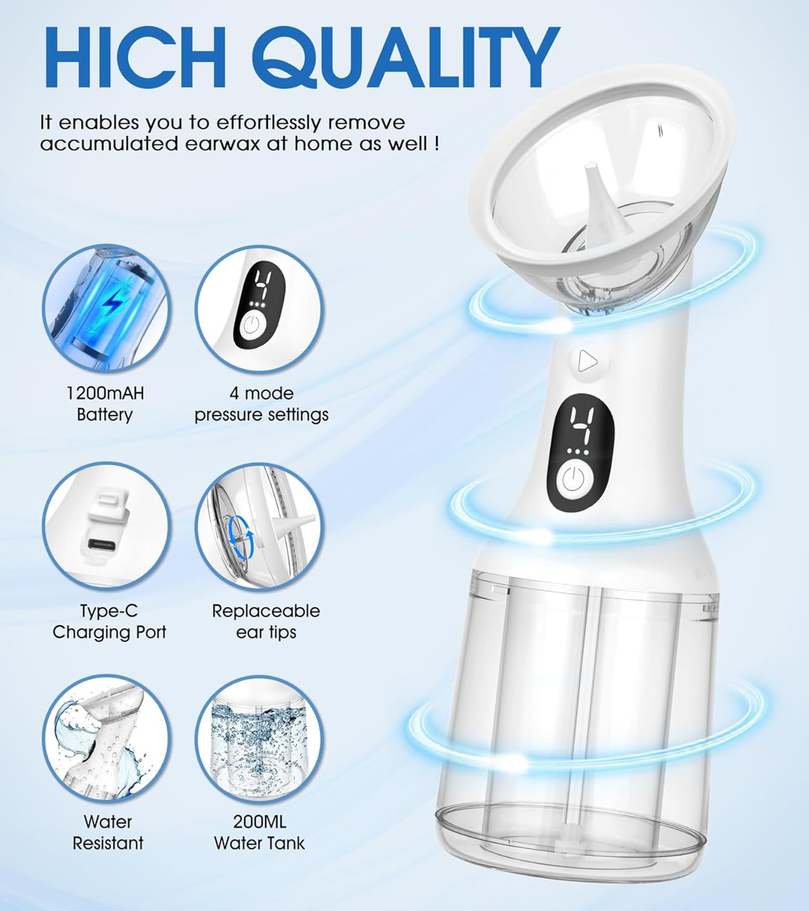 Pulitore Auricolare, Kit per La Rimozione del Cerume, con 4 modalità di Pressione | Display A LED | Ricaricabile Tramite USB | Serbatoio dell'Acqua, Sistema di Lavaggio Elettrico(White)