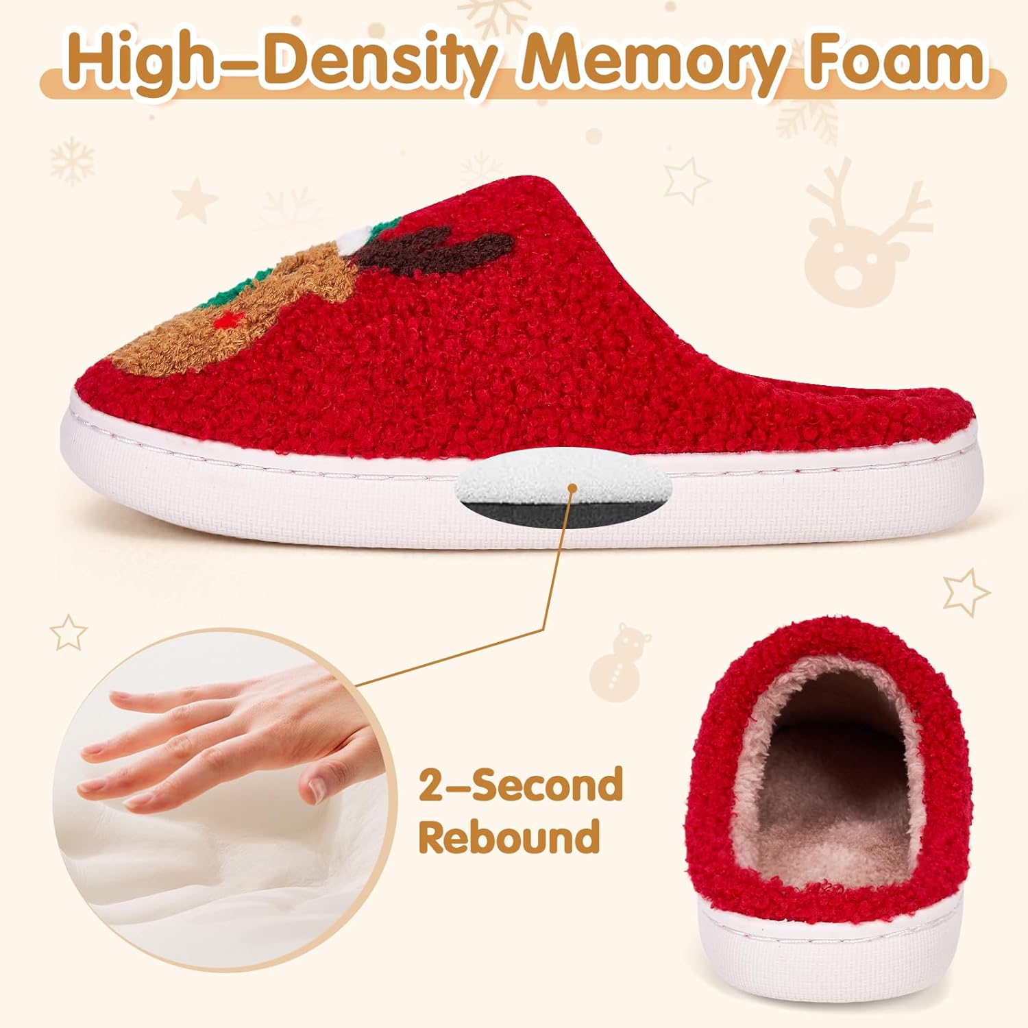 Christmas Reindeer Slippers for Women Men, Fuzzy Memory Foam House Holiday Slippers, Winter Non-Slip Plush Fluffy Cute Slipper Indoor Outdoor Winter Bedroom Shoes Halloween Christmas Gift - Image 3