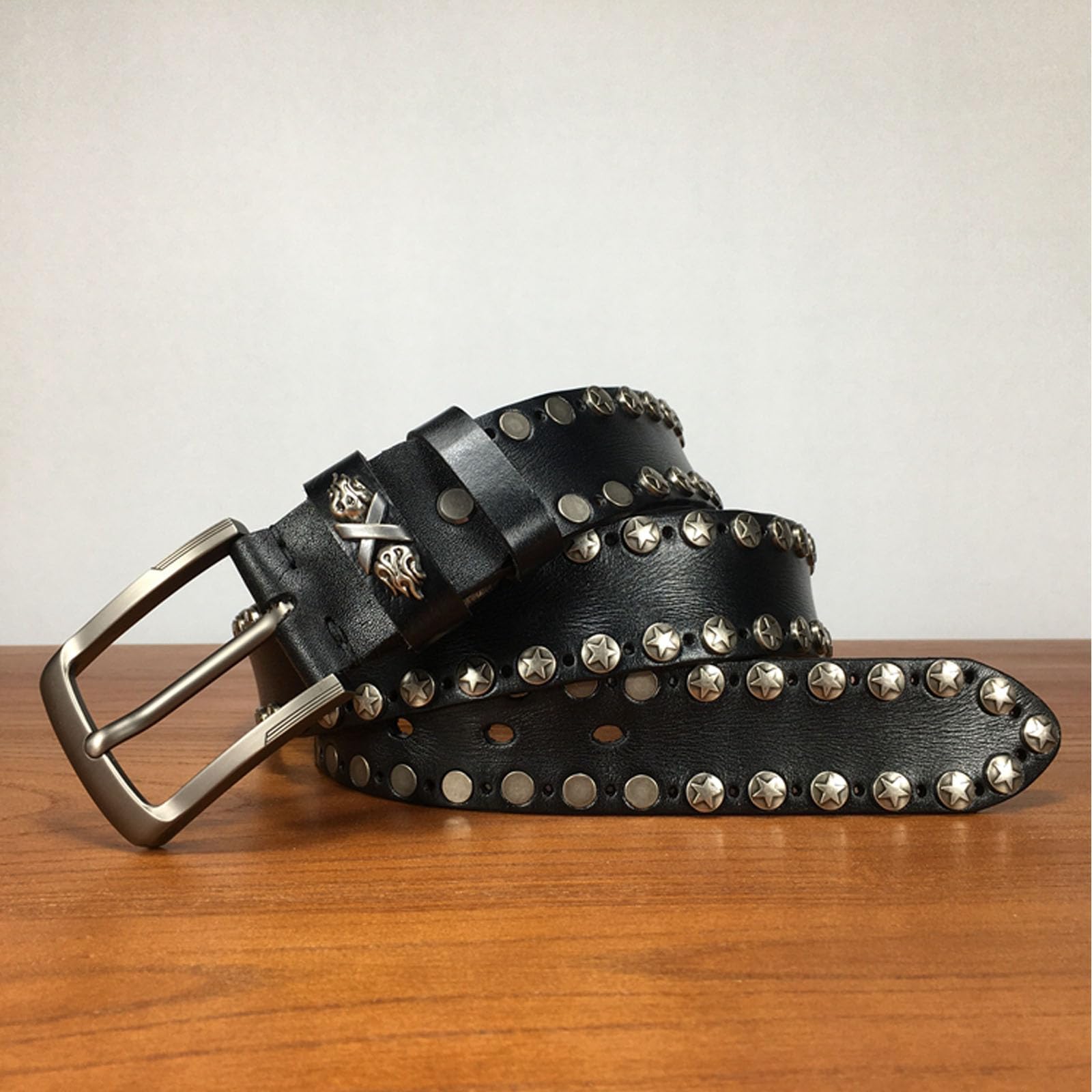 Mens Studded Belt, Leather Biker Round Rivet Punk Belt for Men