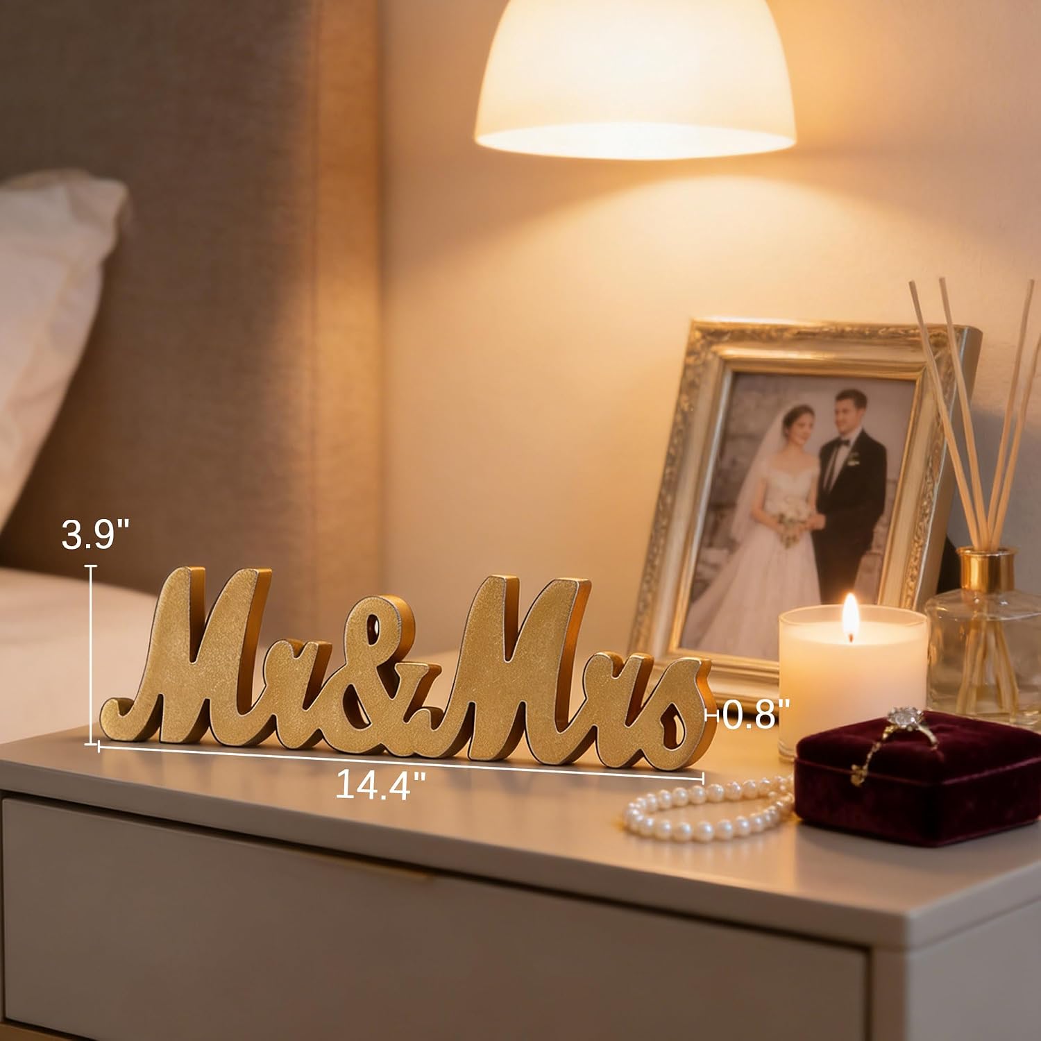 Vintage Gold Mr & Mrs Sign for Wedding Table 14 Inches, Hanging Distressed Wooden Rustic Mr And Mrs Sign for Ceremony and Reception Anniversary Party Bridal Shower Wall Decor