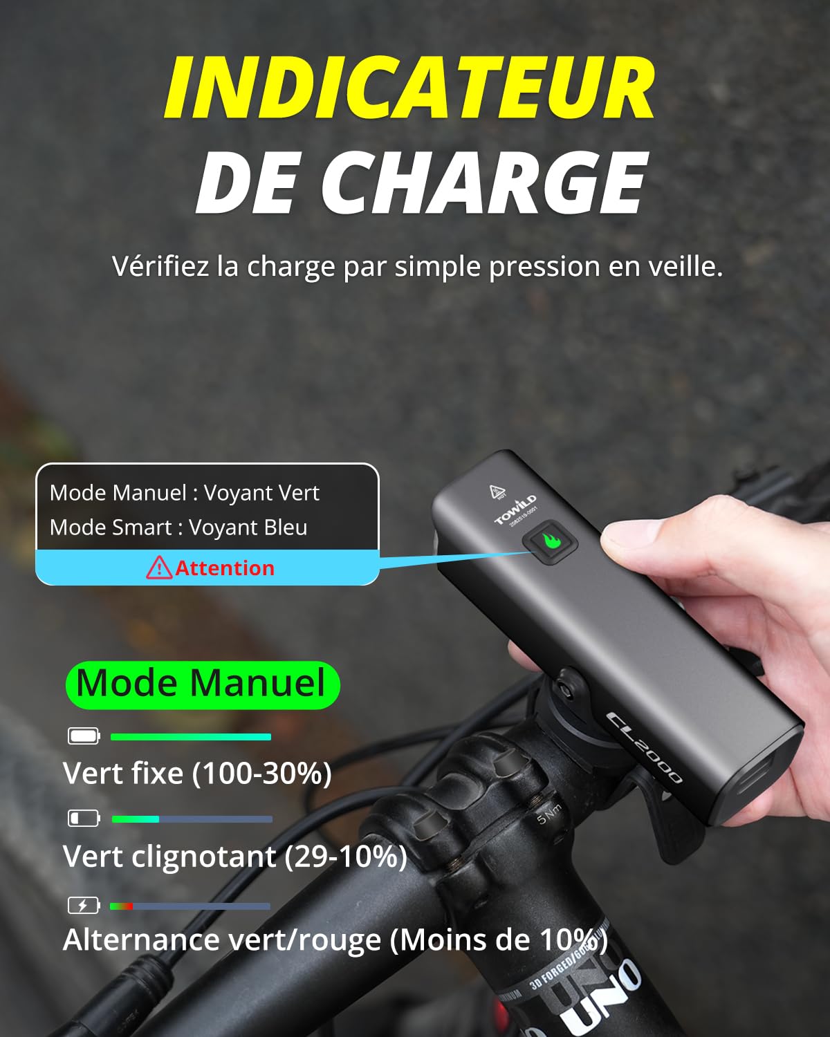 TOWILD CL2000 Éclairage Professionnel 2000 Lumens pour Vélo, Lampe LED Rechargeable USB-C 5000mAh Éclairage Super Lumineux Anti-éblouissement pour vélos de Route/Montagne,Fanal Avant étanche IPX6