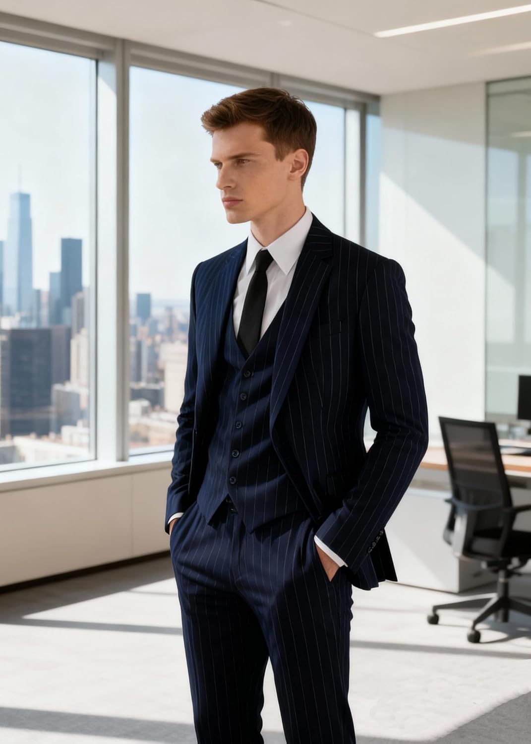Men’s Pinstripe 3 Piece Suit Slim Fit Elegant Single Breasted Business Wedding Party Blazer Vest& Pants Set