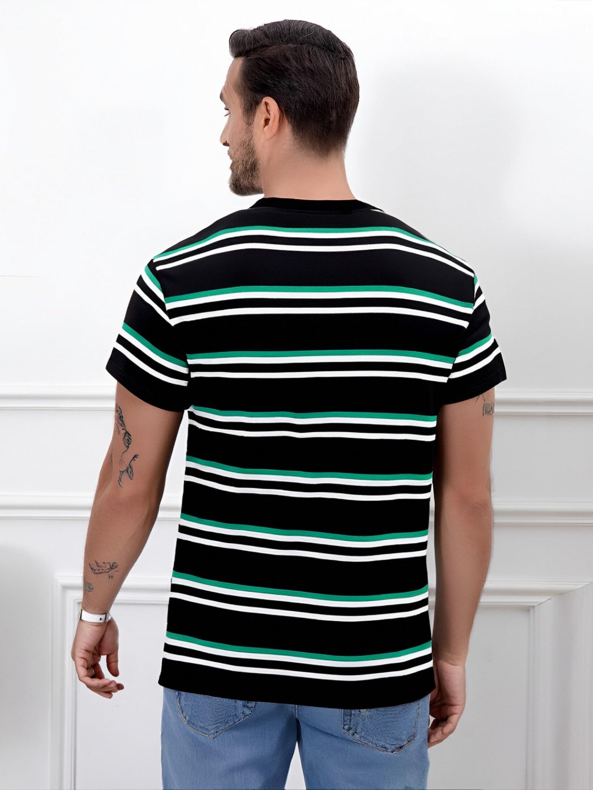 Funny World - Camiseta de algodón a rayas para hombre, cuello redondo, manga corta, básica e informal.