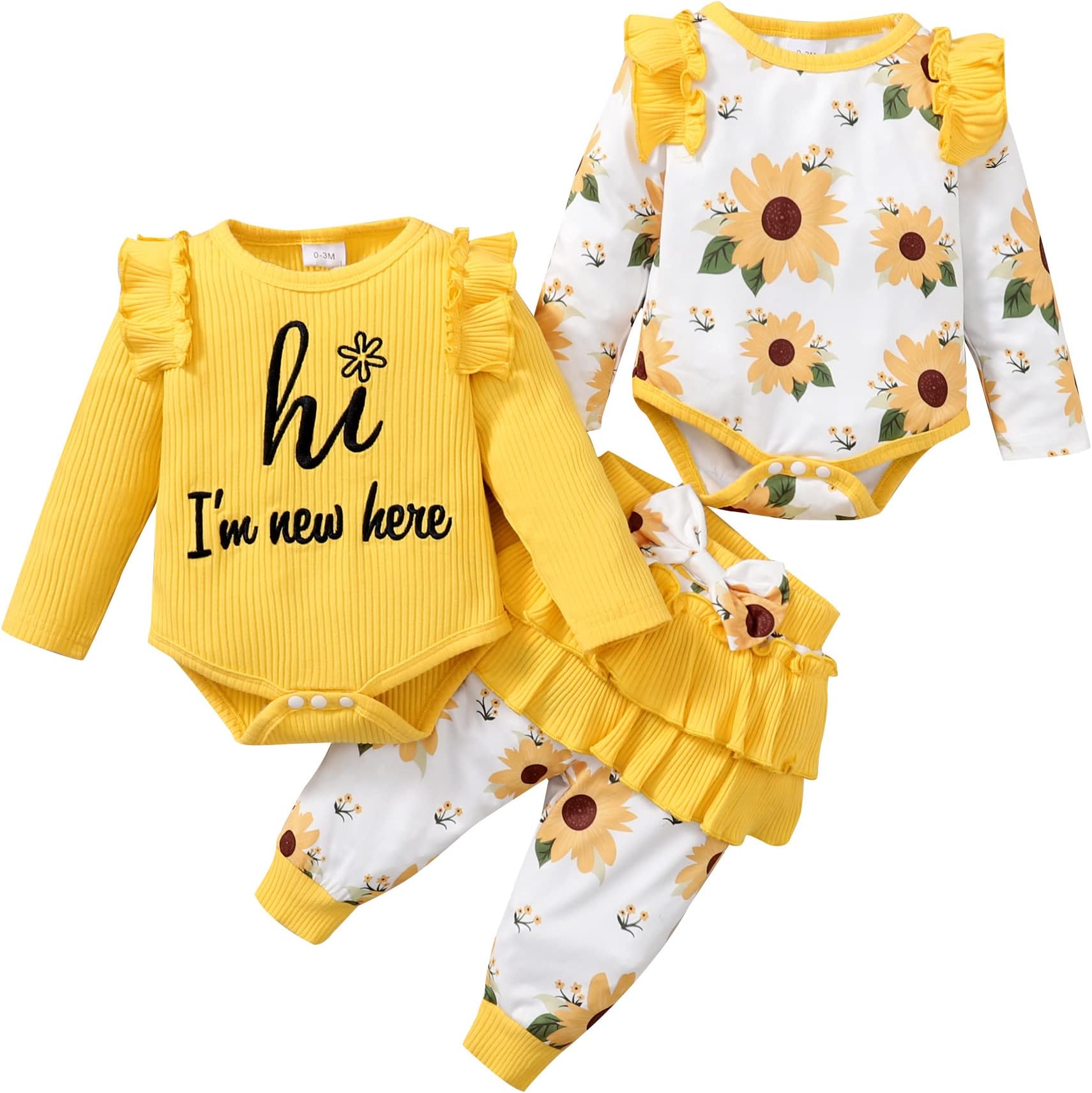 Qiraoxy Baby Girl Clothes Set Newborn Frilly Ribbed Long Sleeve Romper Flowers Pants Newborn Infant Girl Floral Set Summer Spring Fall 4Pcs Outfits