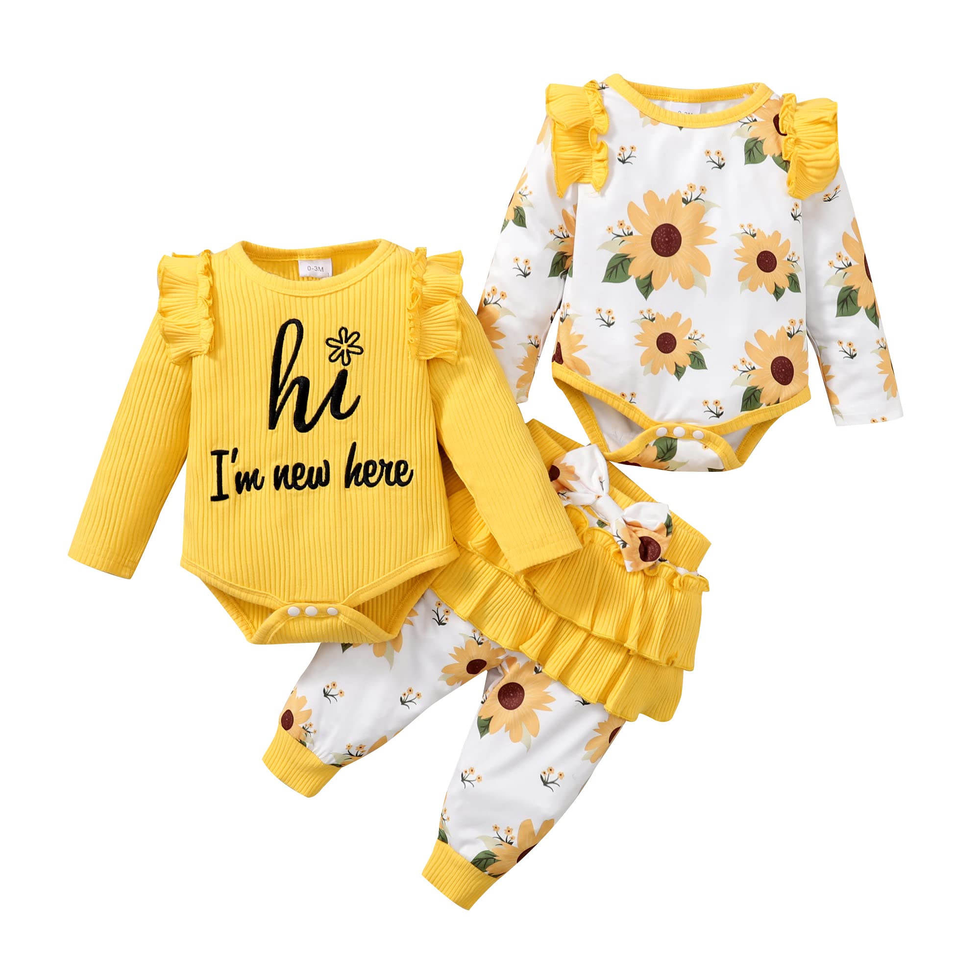 Qiraoxy Baby Girl Clothes Set Newborn Frilly Ribbed Long Sleeve Romper Flowers Pants Newborn Infant Girl Floral Set Summer Spring Fall 4Pcs Outfits