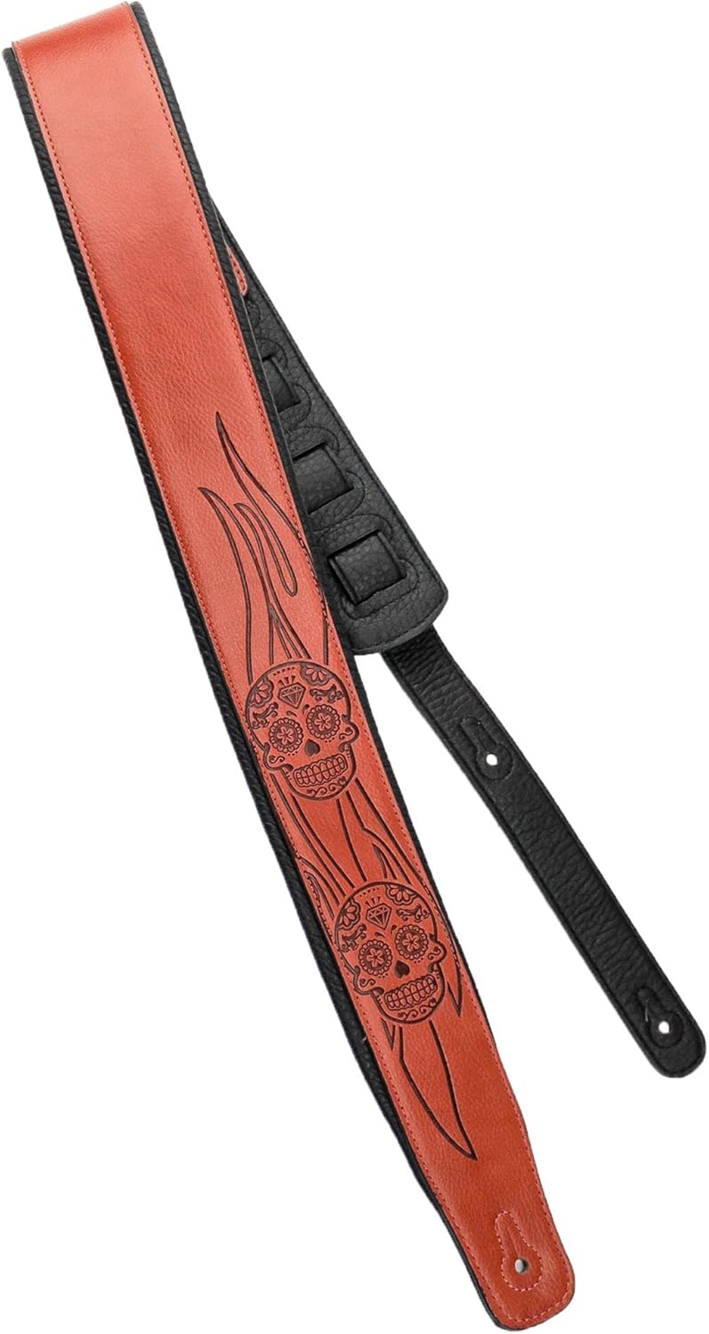 Walker & Williams GM-1275 Sienna Brown Padded Guitar Strap with Embossed Skulls