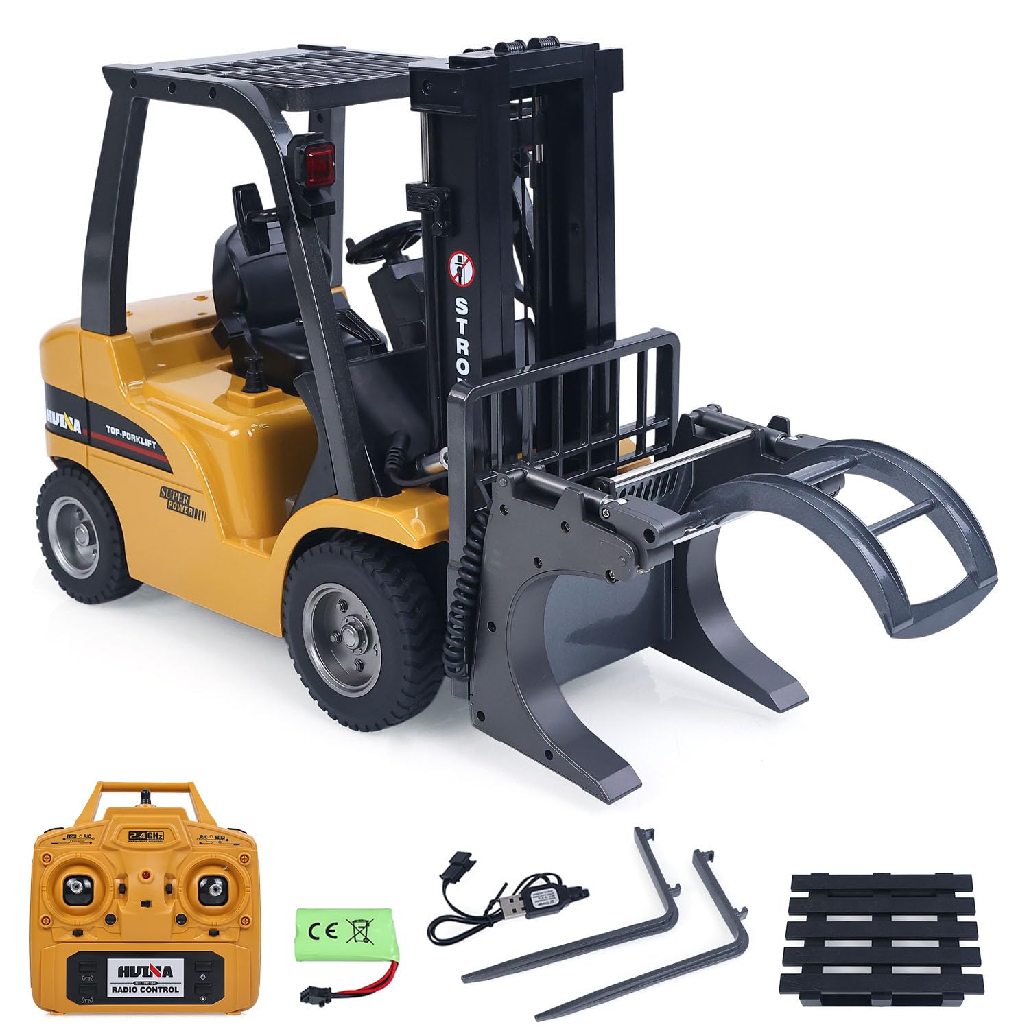 HIUNA 577 1/14 - Carretilla elevadora eléctrica con control remoto, modelo de carretilla elevadora a control remoto, batería de vehículo de construcción, luz de efecto de sonido, modelo de