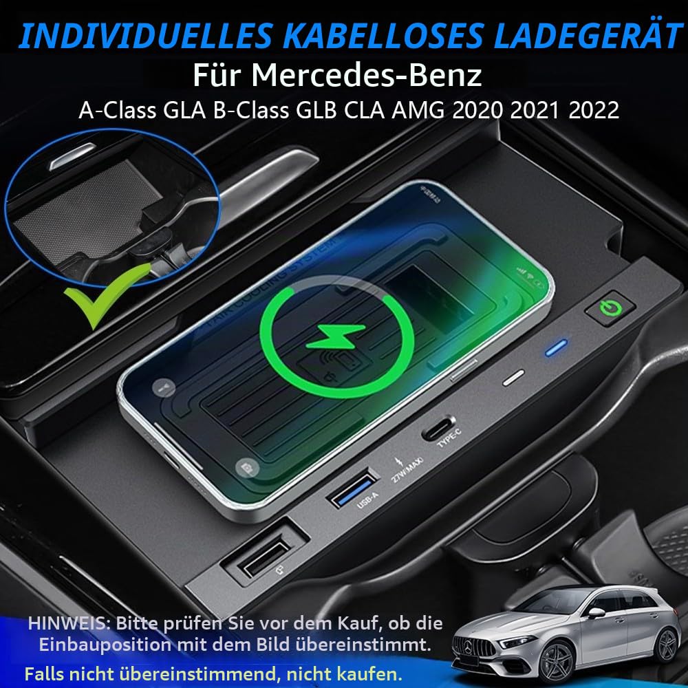 Kabelloses Ladegerät Auto für Mercedes-Benz A-Class GLA-Class AMG B-Class GLB-Class CLA-Class 2020-2023 15W Schnellladendes Handy-Ladegerät für Mercedes-Benz W177 H247 C118 W247 X247 Zubehör