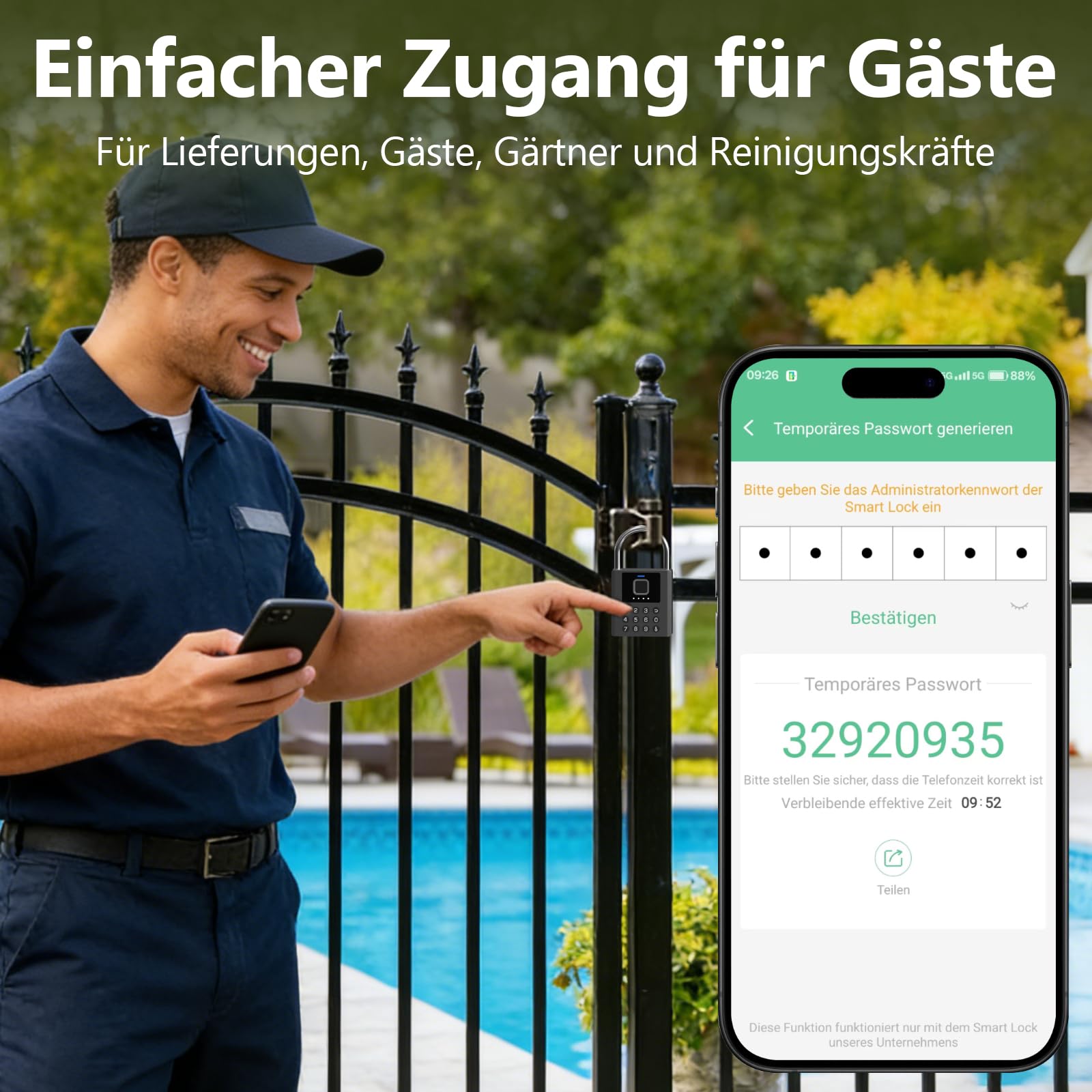 Eseesmart Candado de huellas dactilares con código numérico, 8 mm, doble gancho, IP67, resistente al agua, cerradura de seguridad inteligente con llave Bluetooth para vallas exteriores, puertas de