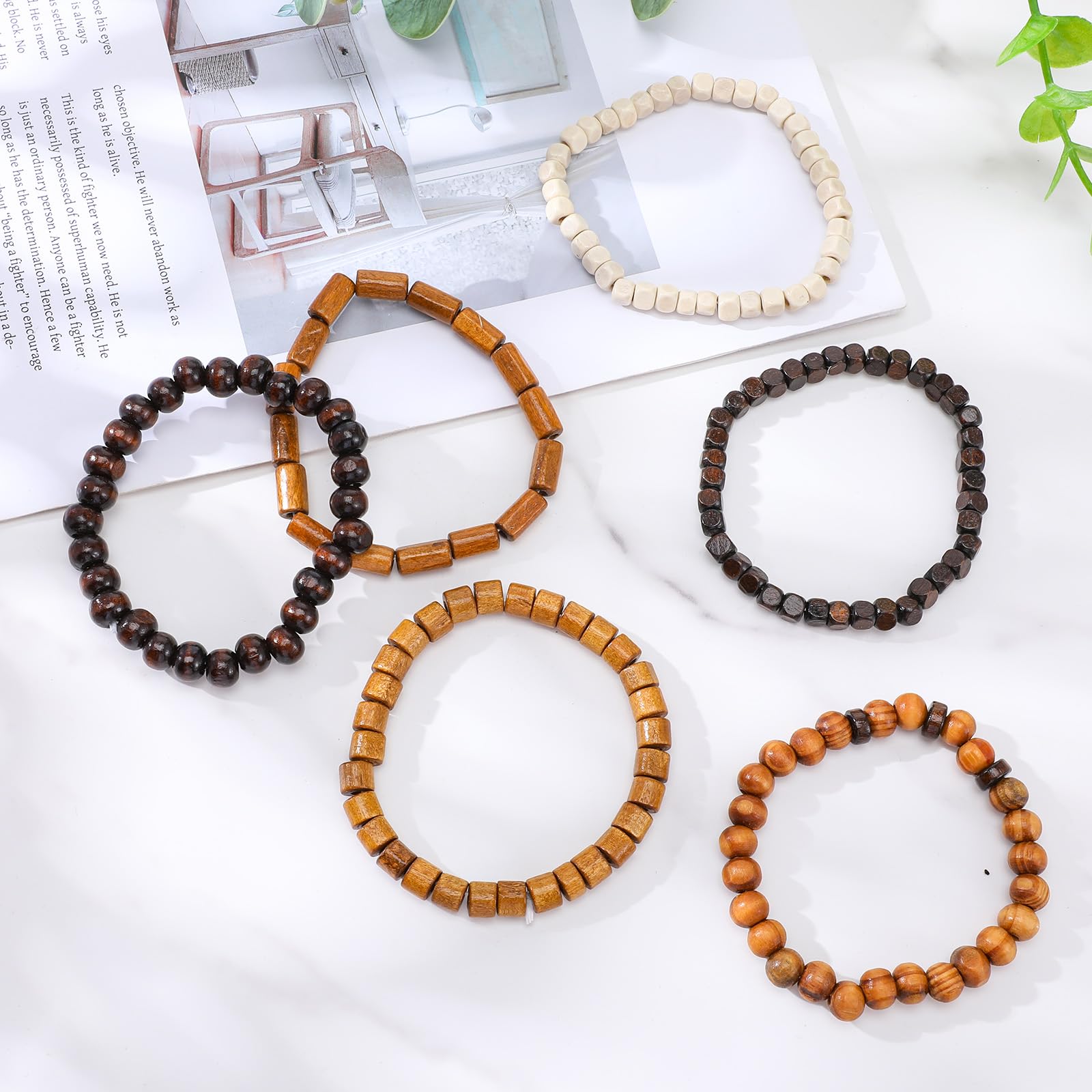 Pulseras de cuentas de madera para hombre, elasticidad ajustable, pulsera de cuentas desmontables de múltiples capas para hombres, Talla única, Madera, No es una piedra preciosa 7