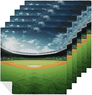Green Baseball Field Backdrop Cloth Napkins Reusable Table Dinner Napkin Soft Absorbent Napkin Cloth Table Decor for Dinner, Party, Wedding, 18.7 X 18.7 Inches 6 PCS