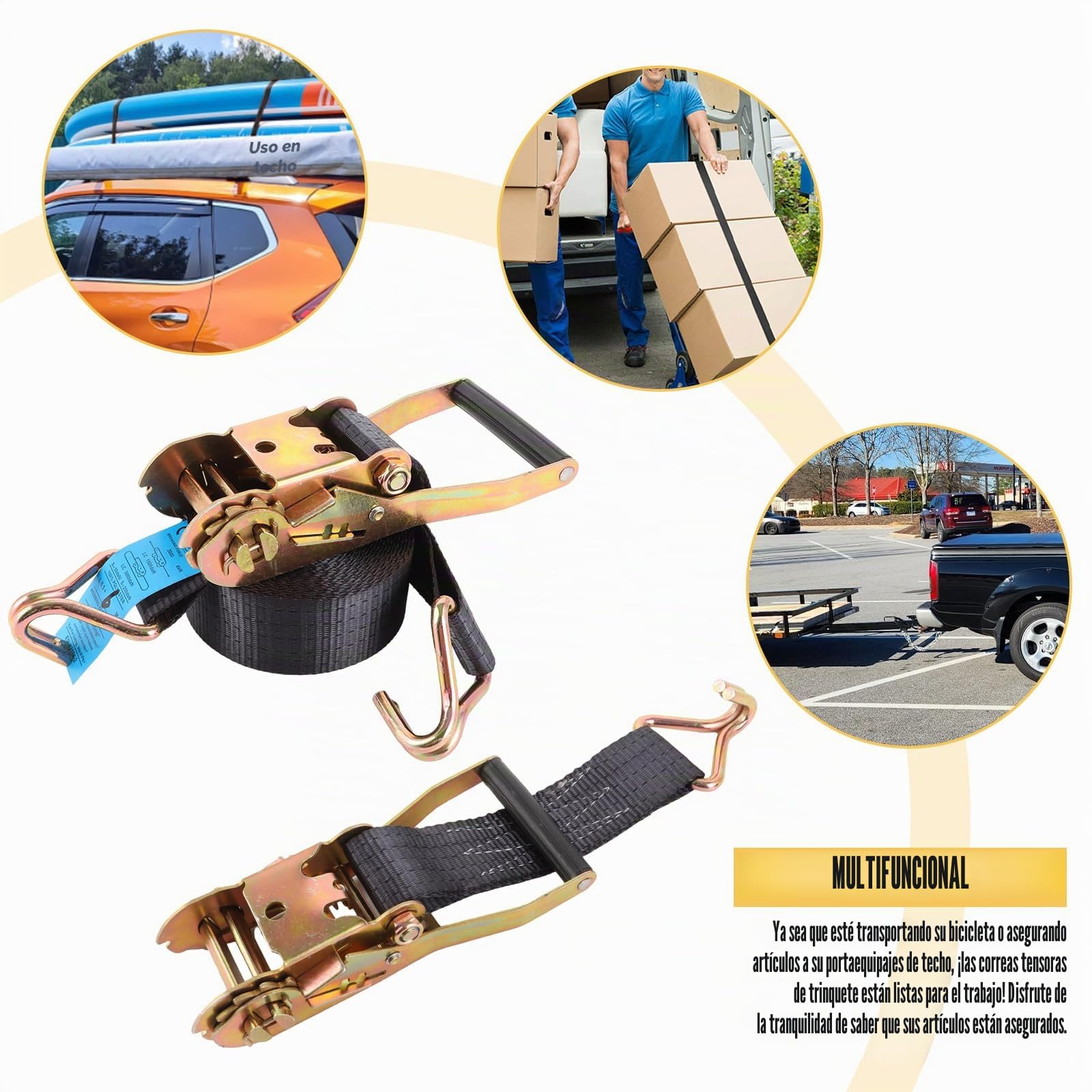 DAJAVE 2 piezas de correas tensoras con trinquete y gancho de 6M, juego de trinquete con resistencia a la rotura de 3000kg y 50mm, correa de trinquete de 2 piezas, correas tensoras con gancho para