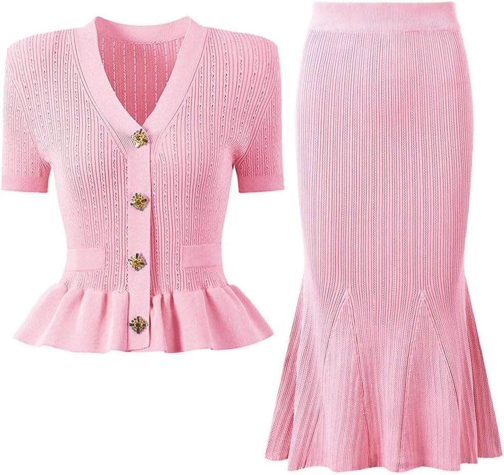 Women's Knitted Two Piece Set Short Sleeve Knit Cardigan Fishtail Long Skirt Suit Outfit