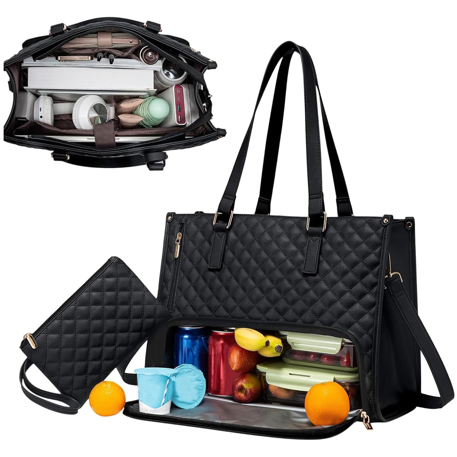 Sac fourre-tout à déjeuner pour femme et ordinateur portable 15.6 pouces imperméable noir