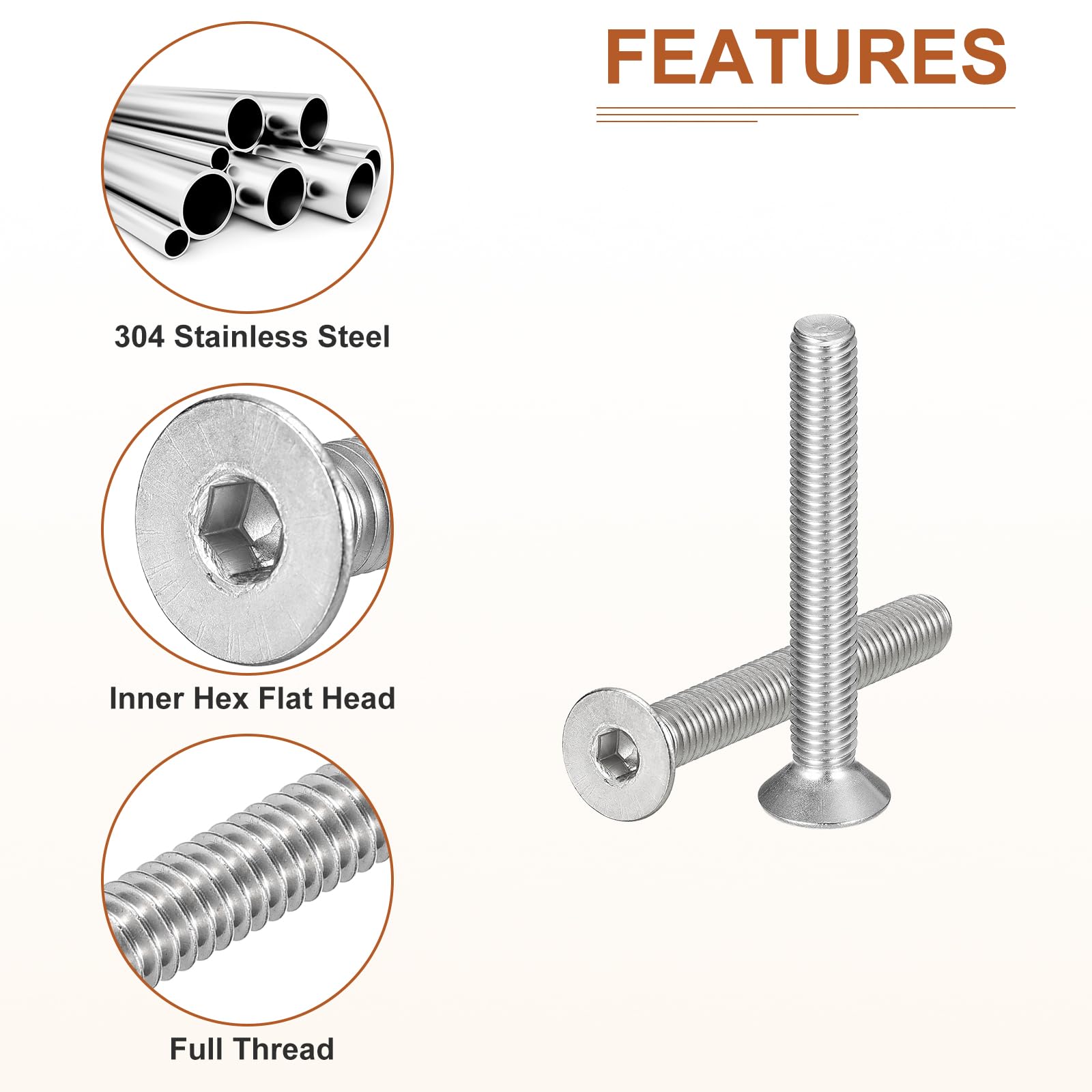 DTGN M8-1.25 x 60mm Flat Head Socket Cap Screws, 10 Pack 304 Stainless Steel Hex Socket Flat Head Screws, Full Thread - Image 4