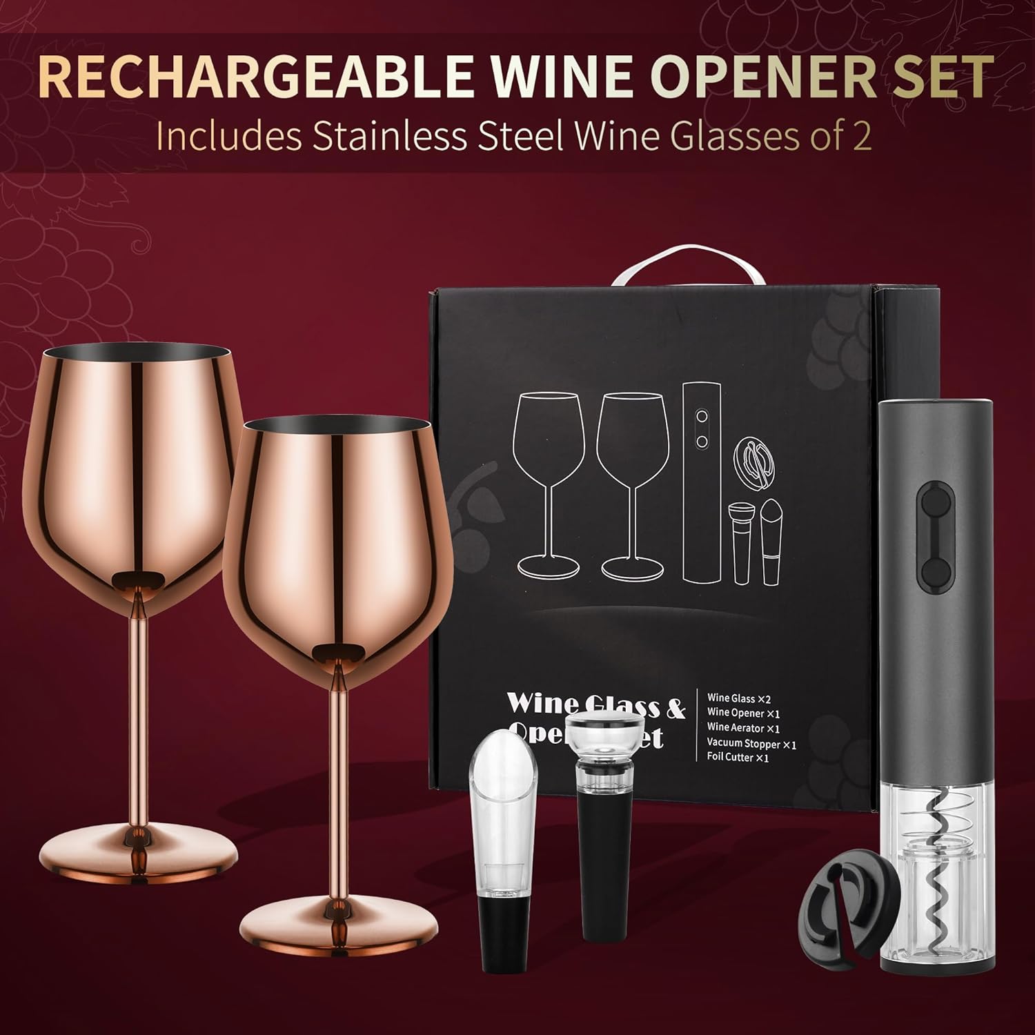 Wine Opener Electric Rechargeable, Automatic Corkscrew Kit, Including Stainless Steel Rose Gold Wine Goblet of 2, Metal Wine Glass, Ideal Gift for Wedding, Wine Lover, Birthday, Girl, Men