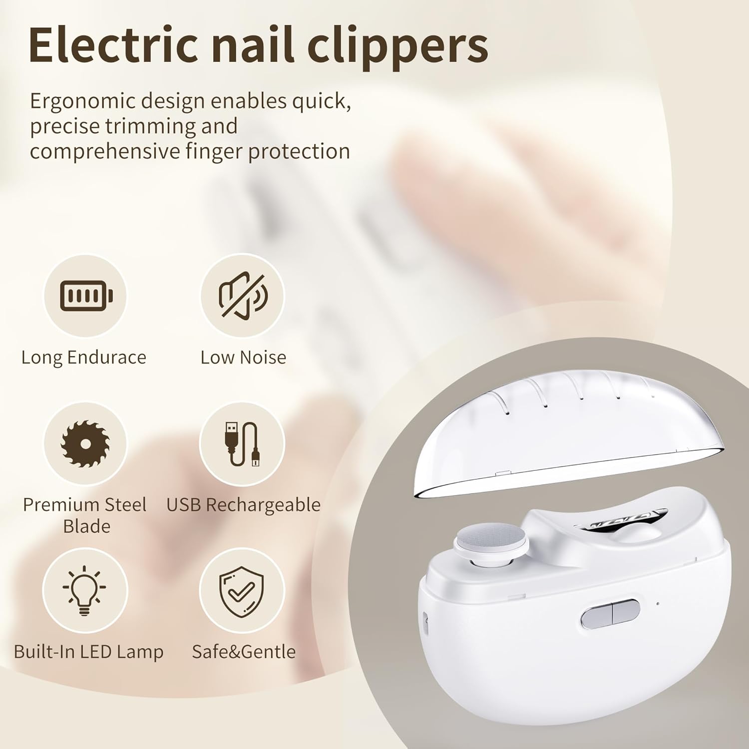 Electric Nail Clipper, 3-in-1 Automatic Nail Clipper, 2 Speed Automatic Nail File Toenail Trimmer with LED Light, Polishing and Nail Debris Collection, for Baby, Kids, Adults and Seniors (White)