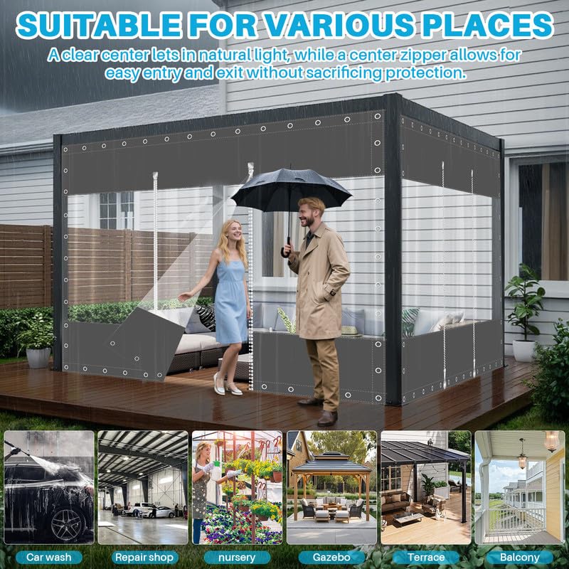 Clear Vinyl Curtains with Zippered Entry, 23oz Heavy Duty Waterproof Anti-UV and Tear-Resistant Tarpaulin with Grommets, Weatherproof Panels for Porch, Pergola, Gazebo, Balcony, Patio, Enclosure : Tools & Home Improvement
