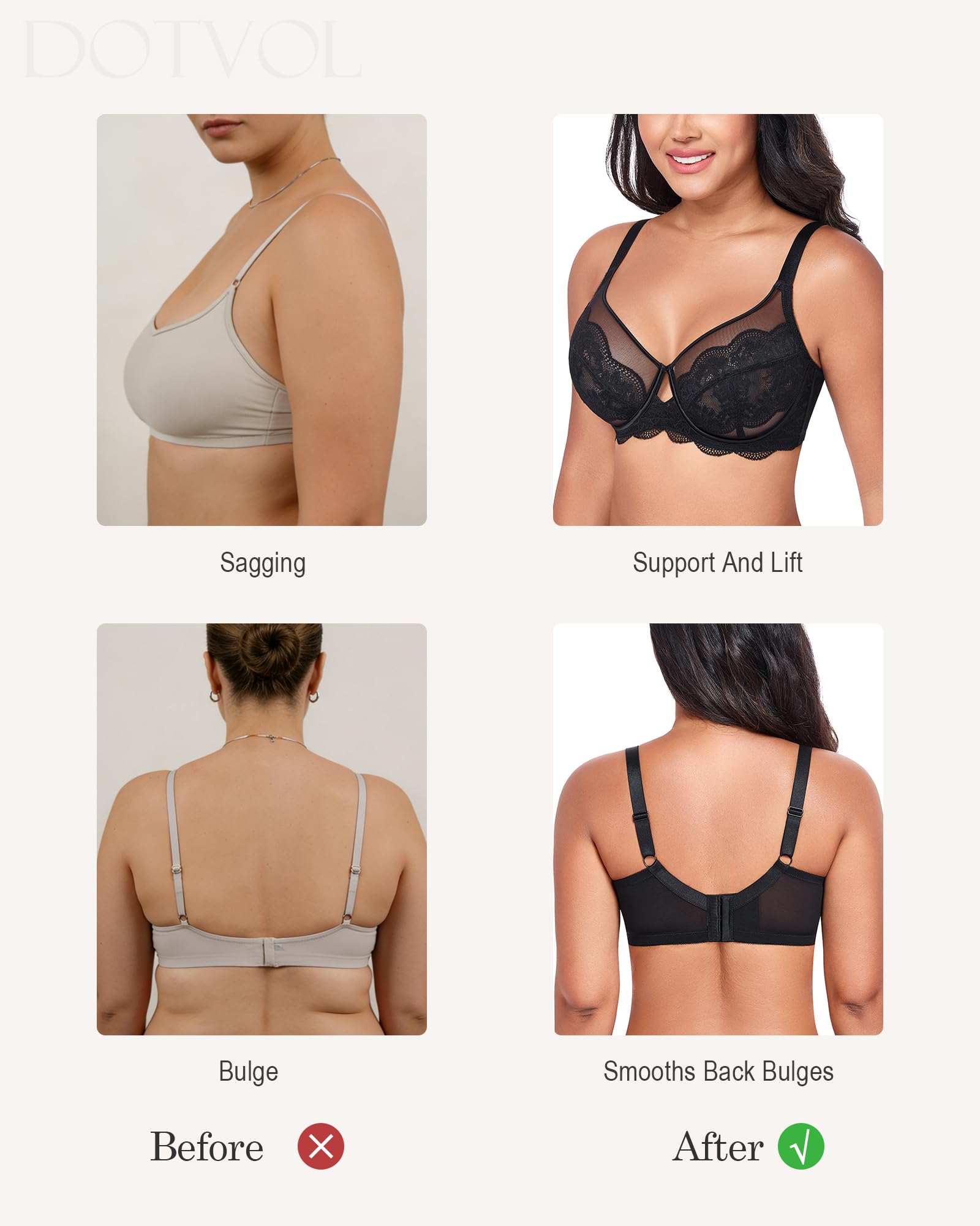 DotVol Soutien-gorge pour femme avec armatures en dentelle non rembourré Grandes tailles Sous-vêtements Minimiseur Transparent Confort Attrayant