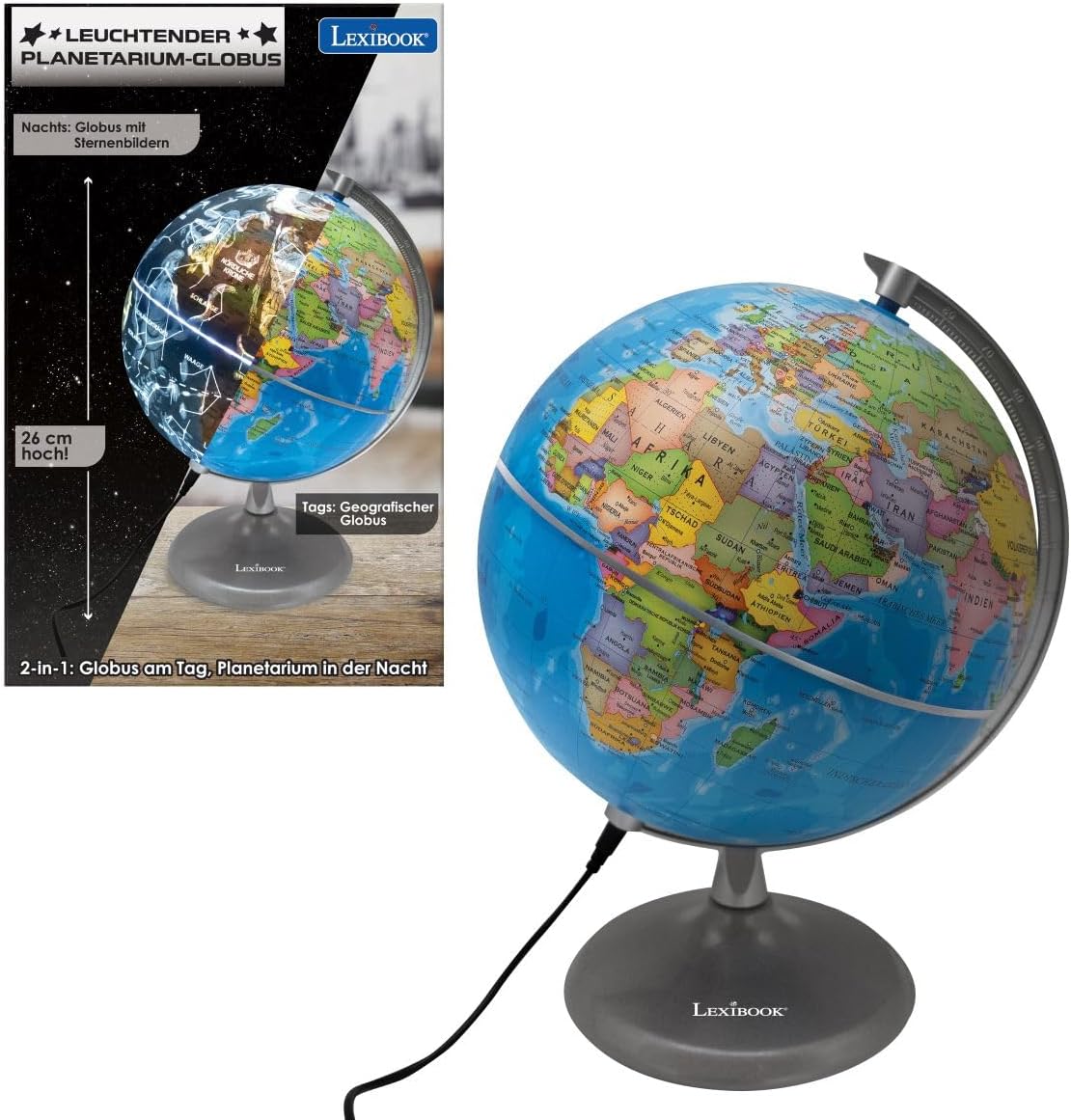 LEXIBOOK NLJ185DE Illuminated STEM 2 in 1 Day Globe Constellation Map at Night Blue/Black