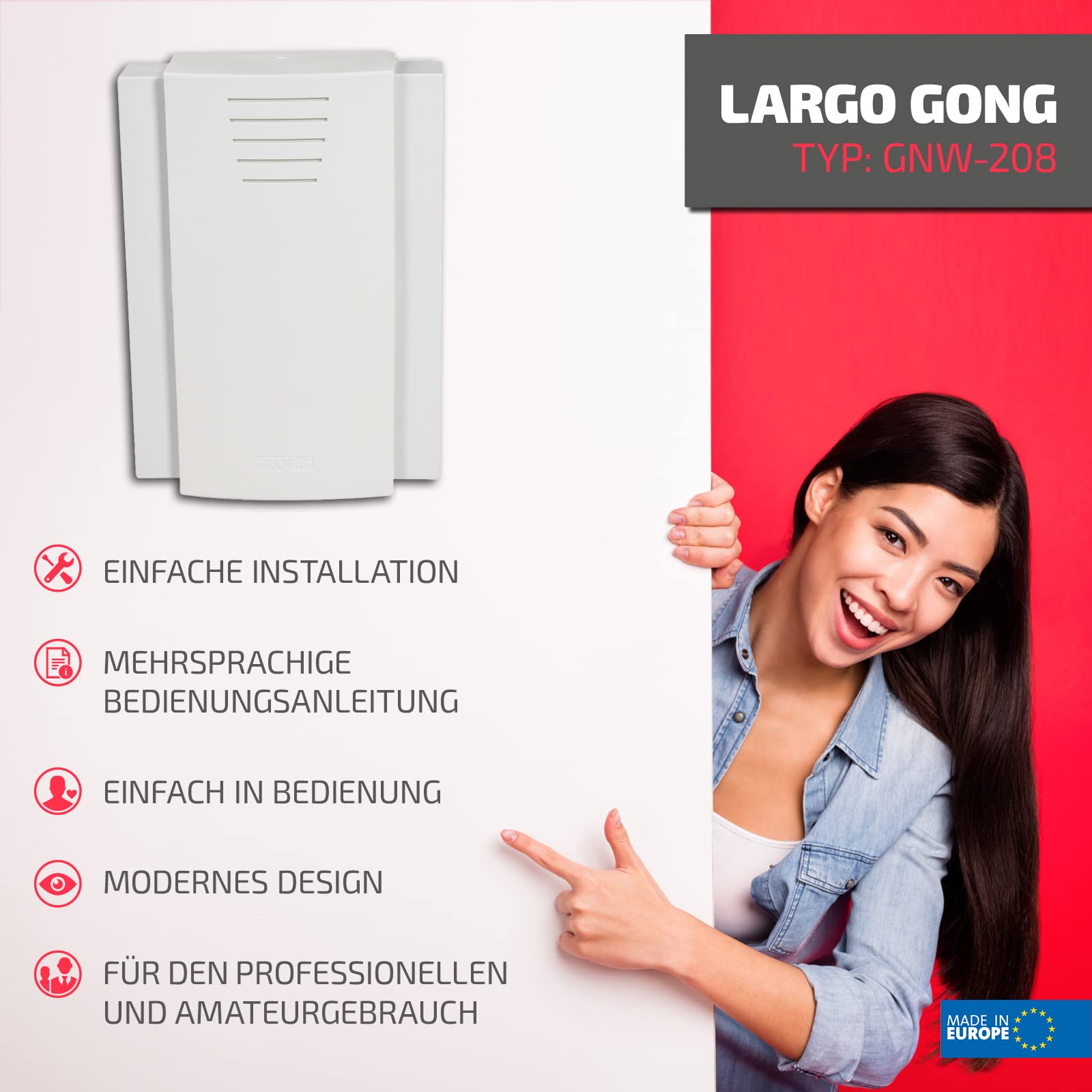 SUNDI Türgong Gong Mit Eingebautem Transformator Türglocke Türklingel 230V Kunststoff Metall Weiß Largo, Weib