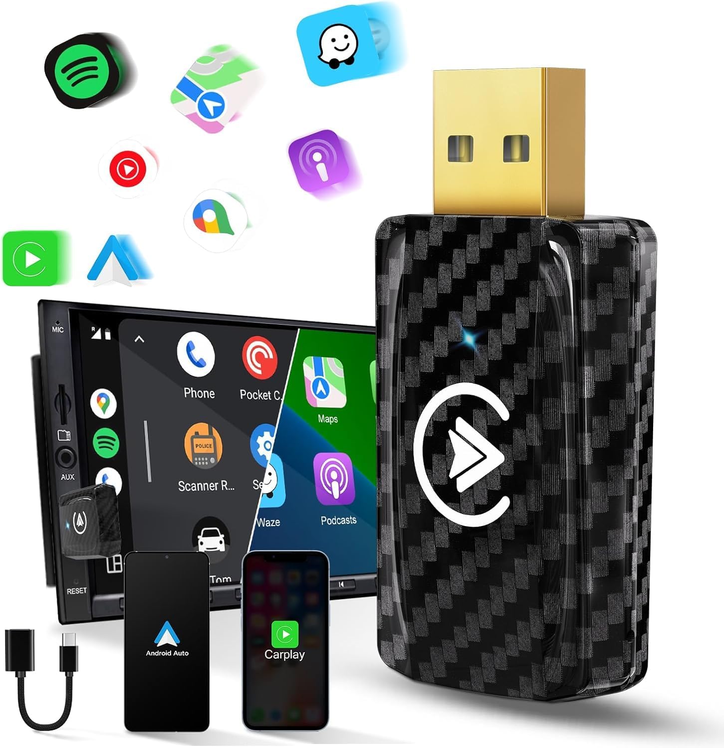 Wireless Carplay Adapter & Android Auto Wireless Adapter, 2 in 1 Car Play Wire-less Dongle for OEM Carplay Auto Car with iPhone iOS 12+ / Android 11+