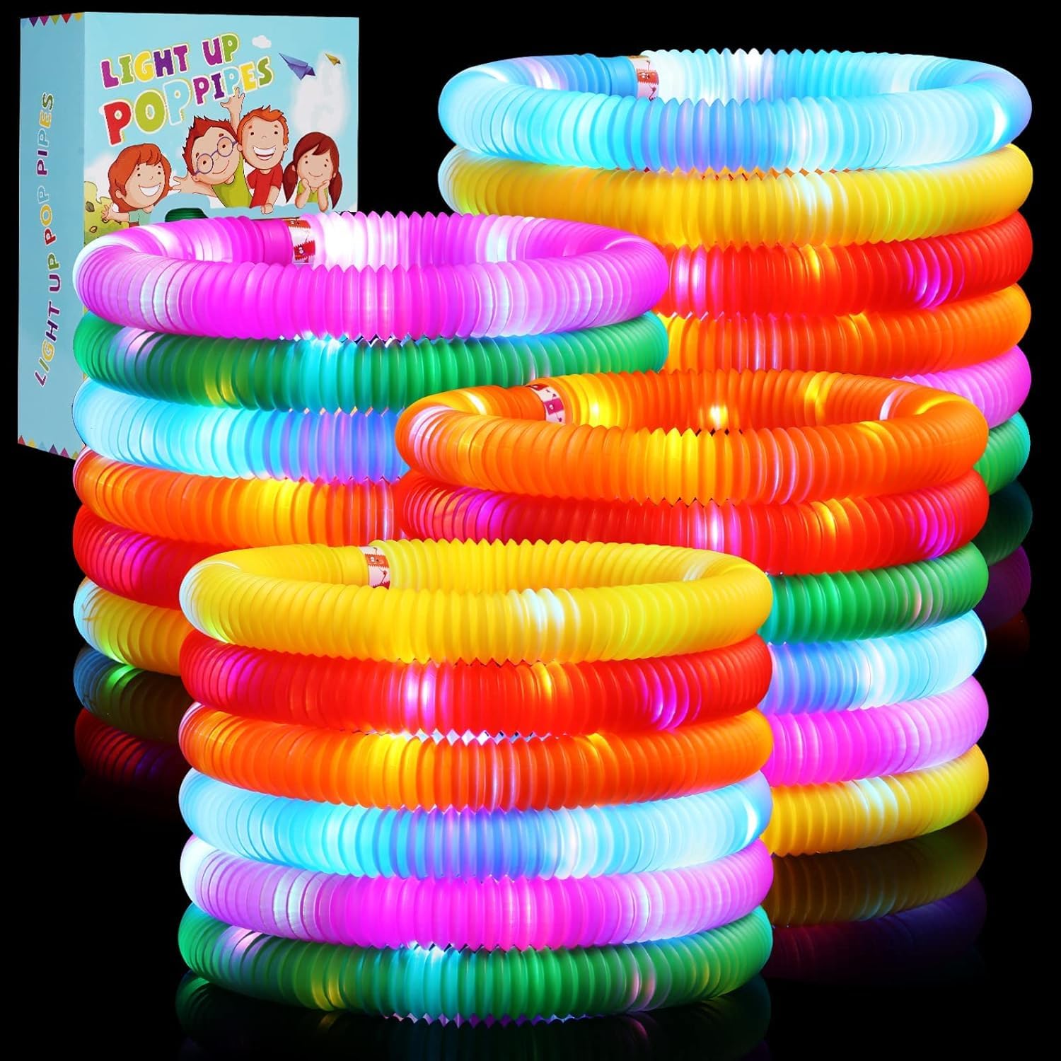 Juni Light Up Pop Tubes - Sensory Fidget Toys for Kids Ages 4-12, Glow Sticks for Easter Goodie Bags, Birthday Party Favors, Wedding Return Gifts - Set of 12