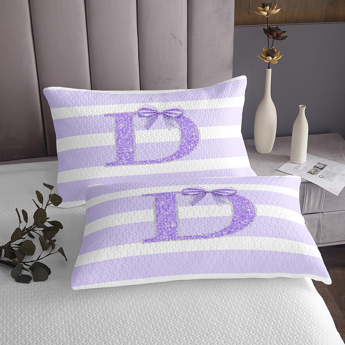 Erosebridal Initial Letter D Girls Quilt Set Queen Size Glitter Bow Bedspread for Kids Teens Women Purple Bowknot Coverlet Set Personalized Monogram Stripes Bedding Sets Breathable Bedroom Decor
