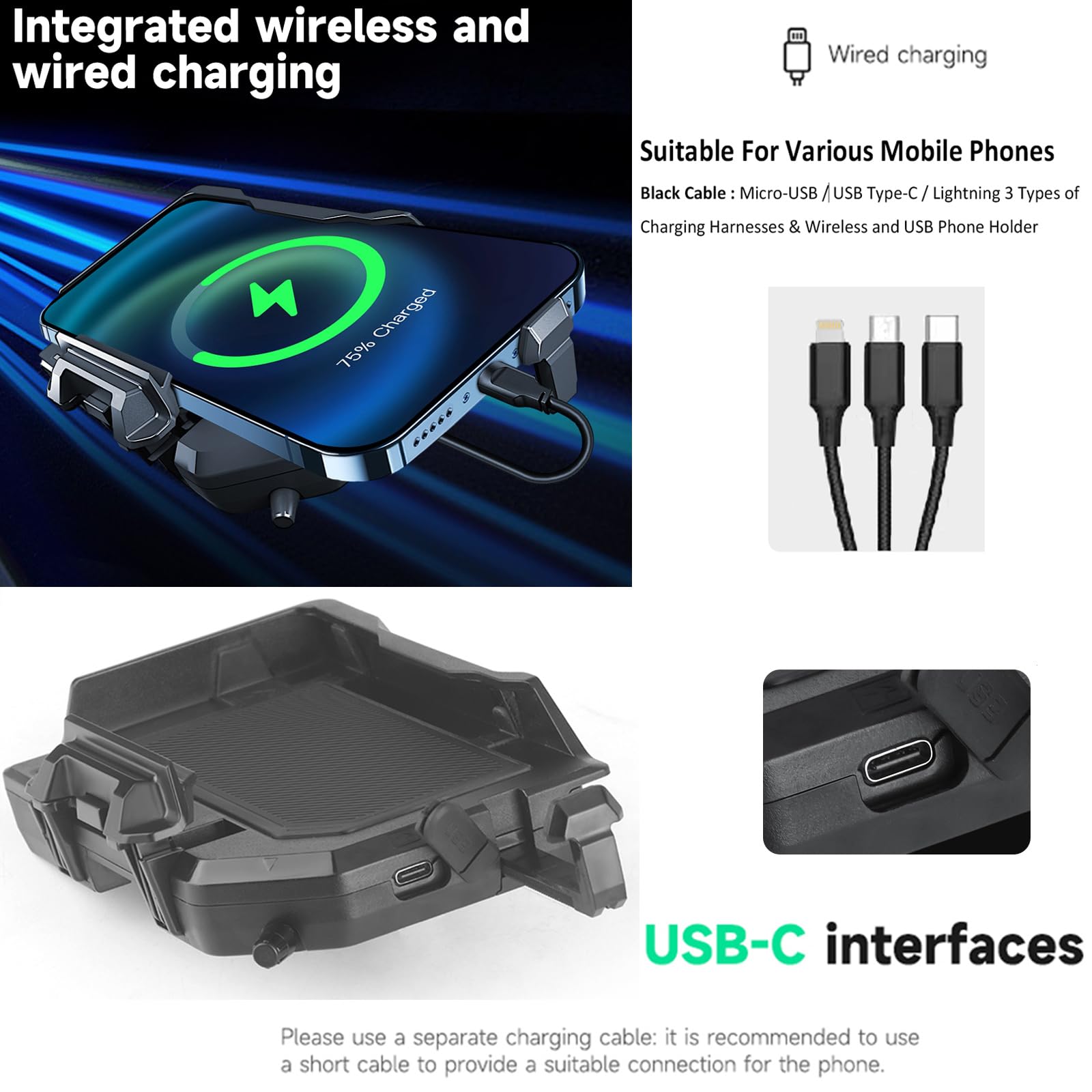 Motorrad Navigationshalterung Für R1200GS, R1250GS, F750GS, F850GS, Motorrad-Telefonhalterung Mit 15 W kabellosem Laden und USB-C, Wasserdichte GPS Drahtlose Lade Handyhalterung Für ADV S1000XR F900XR